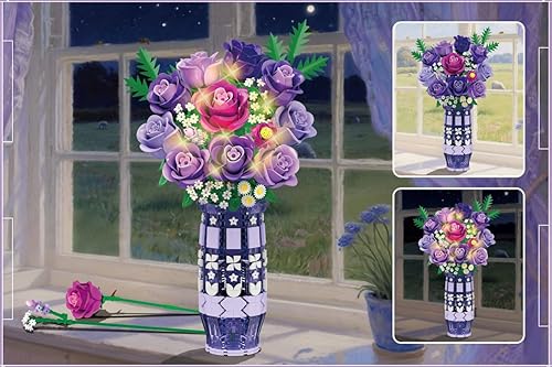 Miniatura 11 de Juego de construcción de flores de rosas moradas con jarrón y luz LED, 17 mini ramos de flores de bloques de construcción, flores artificiales para