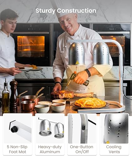 Miniatura 5 de SYBO Lámpara de calor para alimentos de grado comercial, lámpara de calentamiento eléctrica de 2 bombillas para alimentos con soporte ajustable