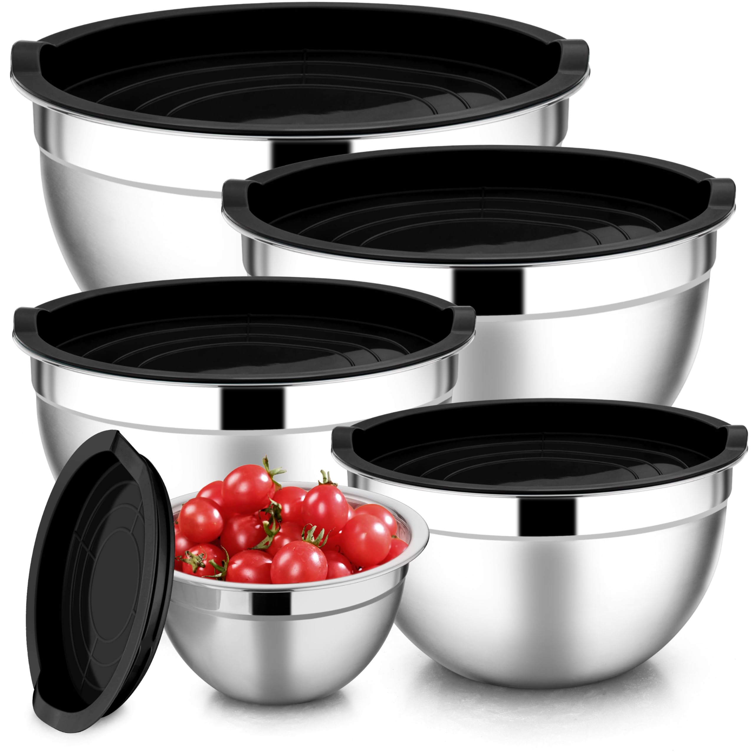 E-far Mixing Bowls with Lids Set of 5, Stainless Steel Black Mixing Bowls Metal Nesting Bowls with Airtight Lids for Cooking, Baking, Serving, Storage - Size 0.7/1/1.5/3/4.5QT - Dishwasher Safe