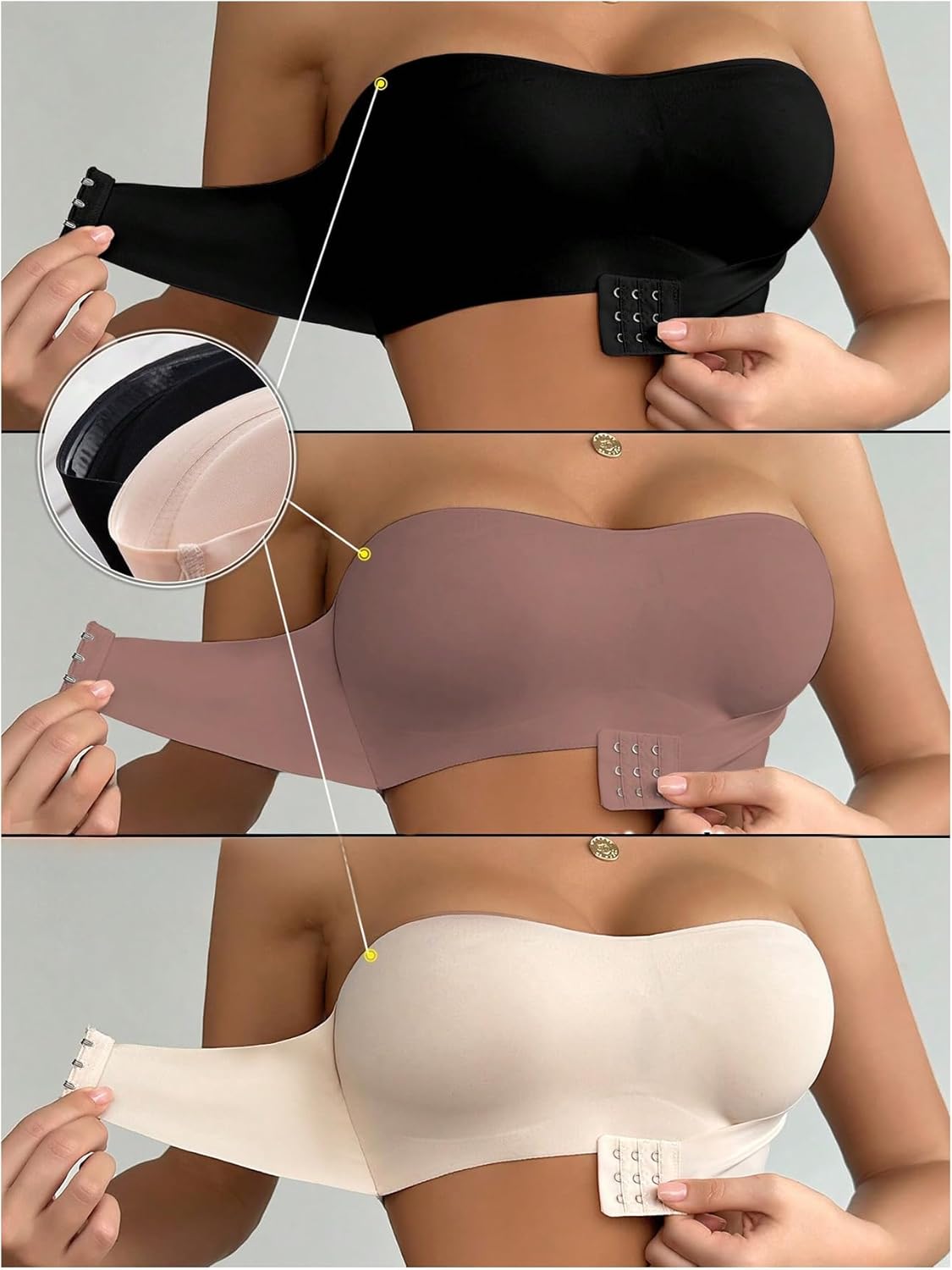 GORGLITTER Women's Strapless Bras Front Closure Comfort Everyday Wireless Backless Bandeau Bralettes 3 Piece