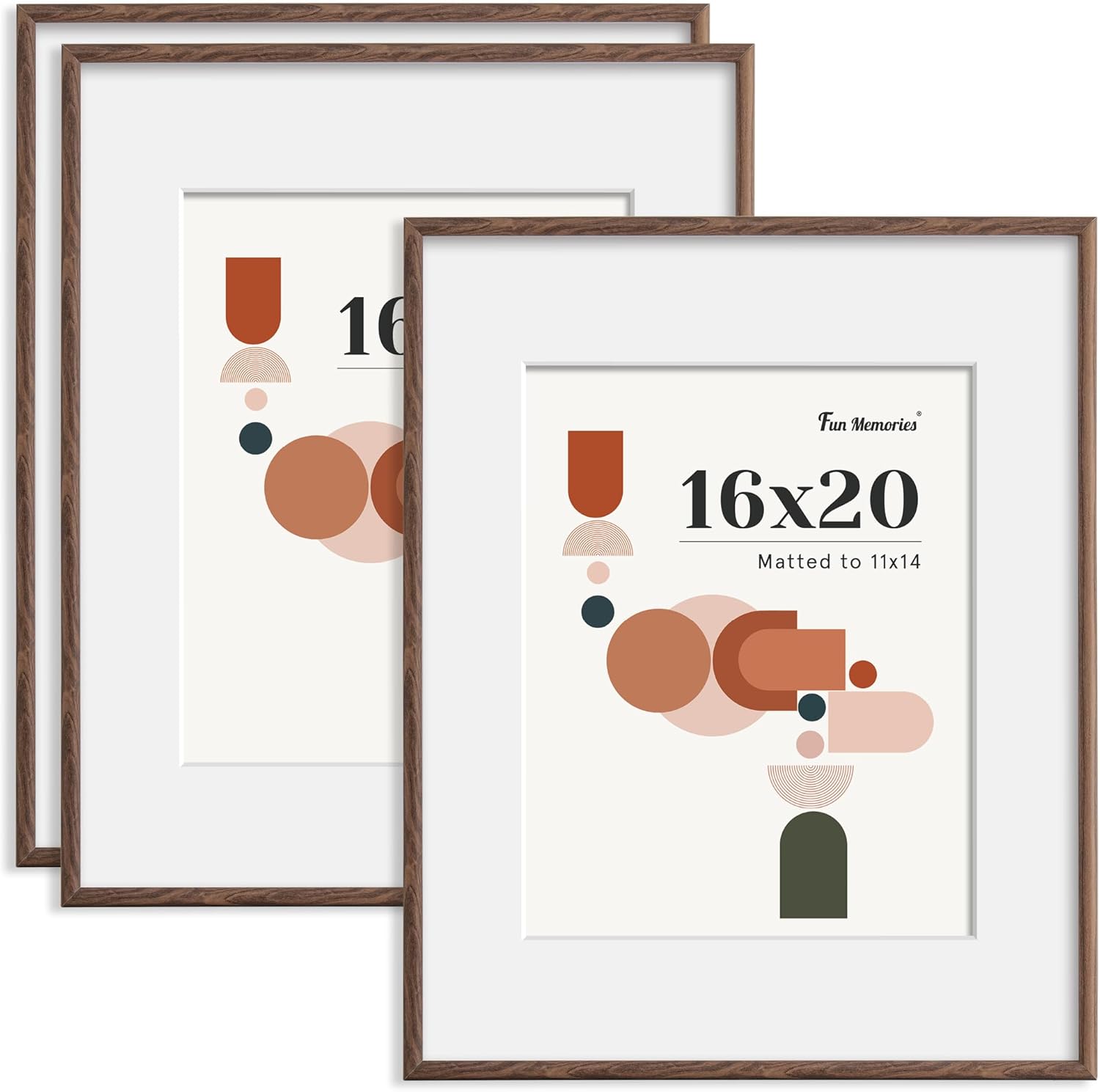 Fun Memories 16x20 Picture Frame, Display 11x14 With Mat or Without Mat, Poster Frames With HD Plexiglass, Wall or Tabletop Display, Wall Hook Included, Walnut, 3 Pack