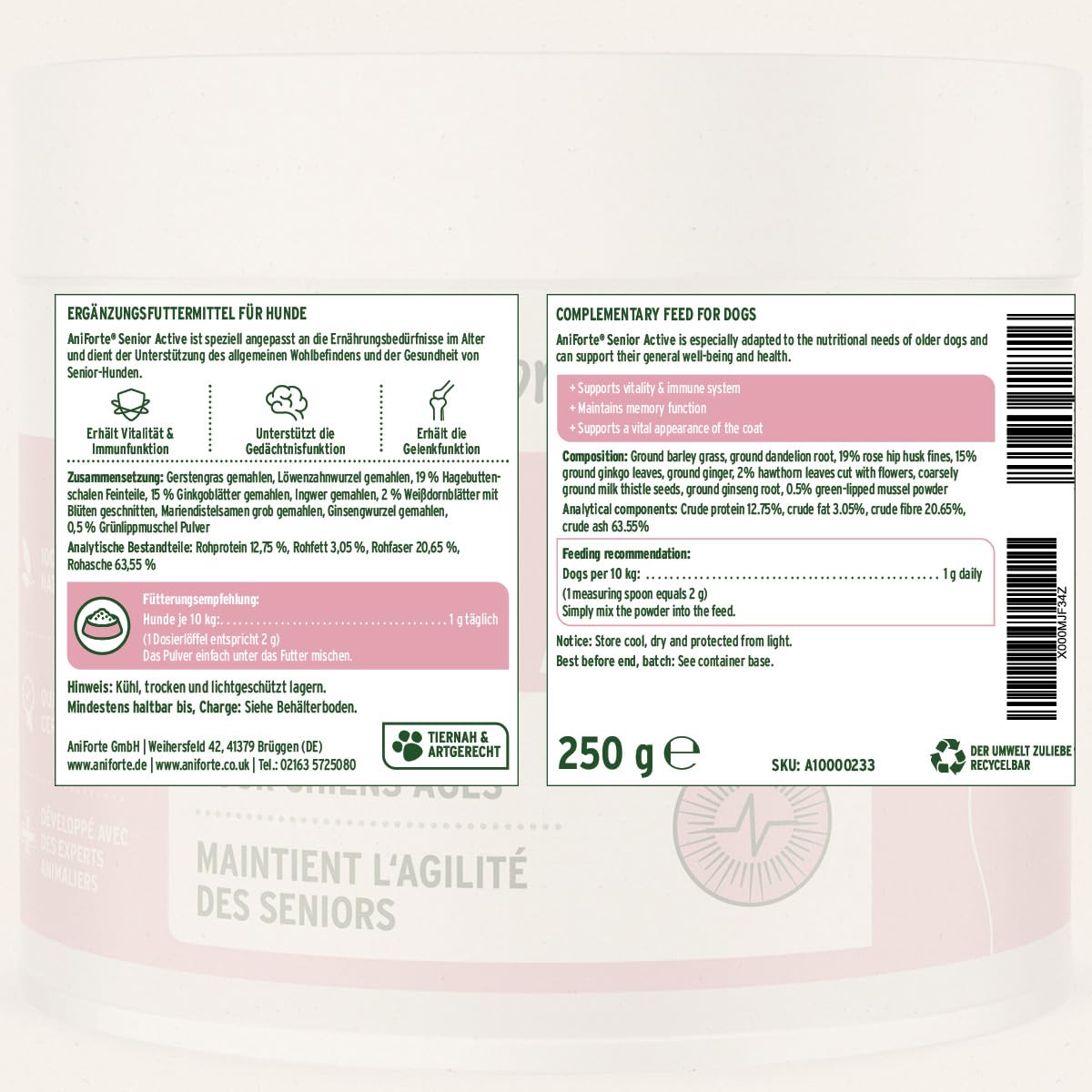 AniForte Senior Active - Minéraux et vitamines pour Les Chiens Senior, soutient la mémoire et la Fonction Cardiaque (250g)