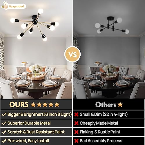 Miniatura 5 de Candelabro Sputnik moderno  8 luces de techo de granja negro y dorado, lámpara de techo semiempotrada para sala de estar, dormitorio, pasillo,