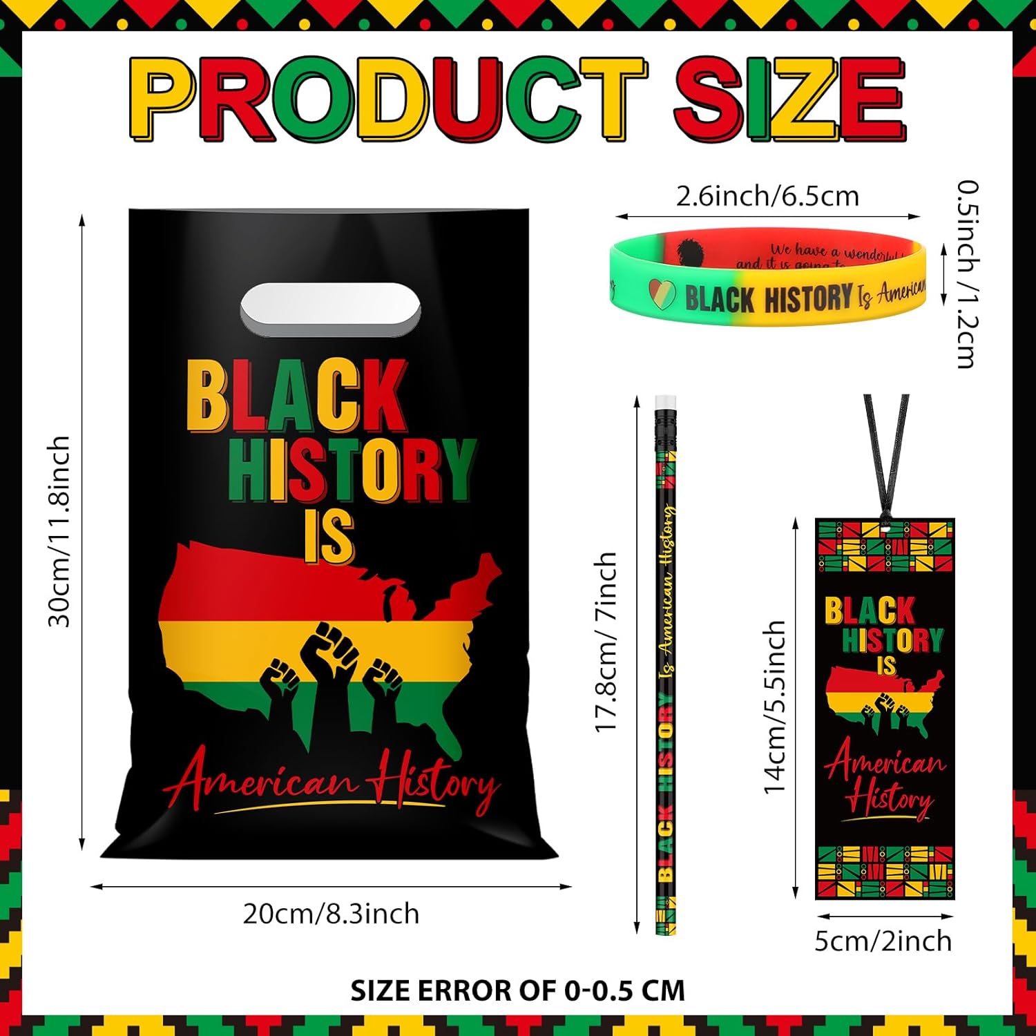 200 Pcs Black History Month Assorted Items Bulk 50 Sets Black History Plastic Goody Bags Bookmark Pencil African American Rubber Wristband Accessories for Office Classroom Party Favor