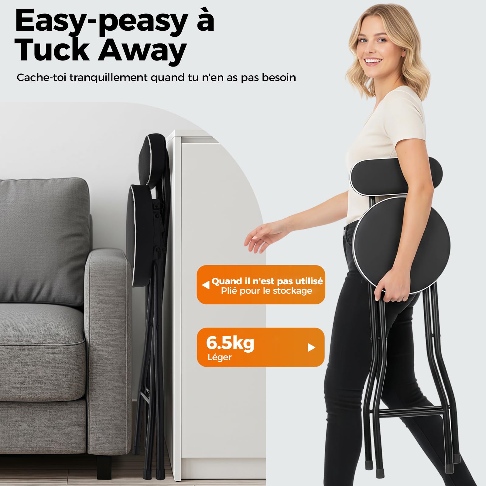Lot de 2 tabourets de bar pliables avec dossier, 65 cm de haut, chaise haute pliantes pour bar et comptoir, capacité de charge 125 kg (noir 65 cm)