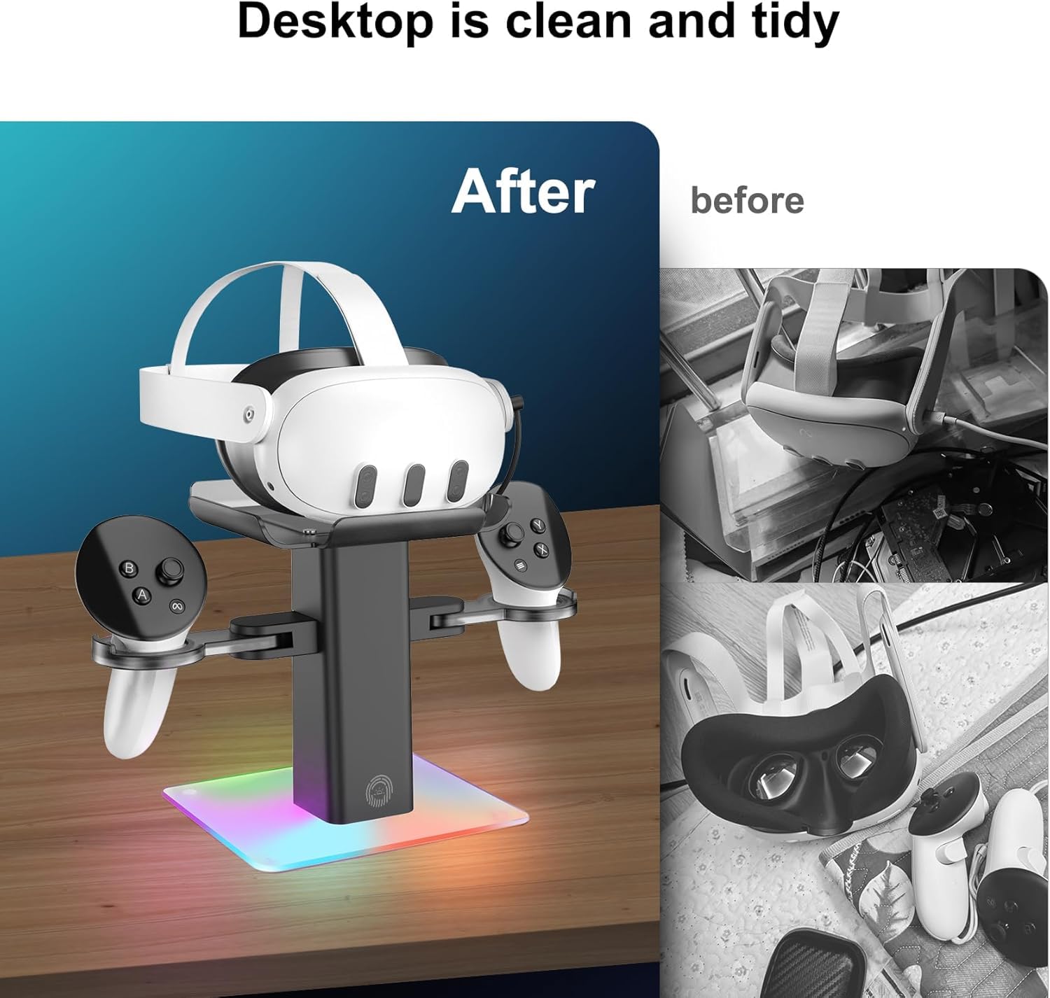 TicEaik Station de charge pour Meta Quest 3S/Quest 3/Quest 2, station de charge avec lumière LED/RVB, contrôleurs et accessoires VR, port de charge de type C