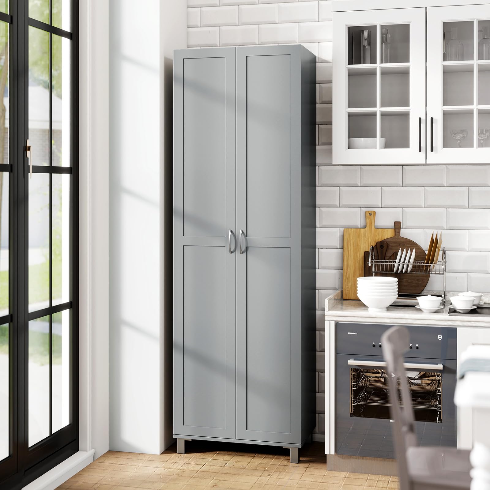 COSTWAY Küchenschrank hoch, 187 cm, Vorratsschrank mit 2 Türen & verstellbarem Regal, Mehrzweckschrank modern, Hochschrank Buffetschrank, für Küche Esszimmer Wohnzimmer (Grau)