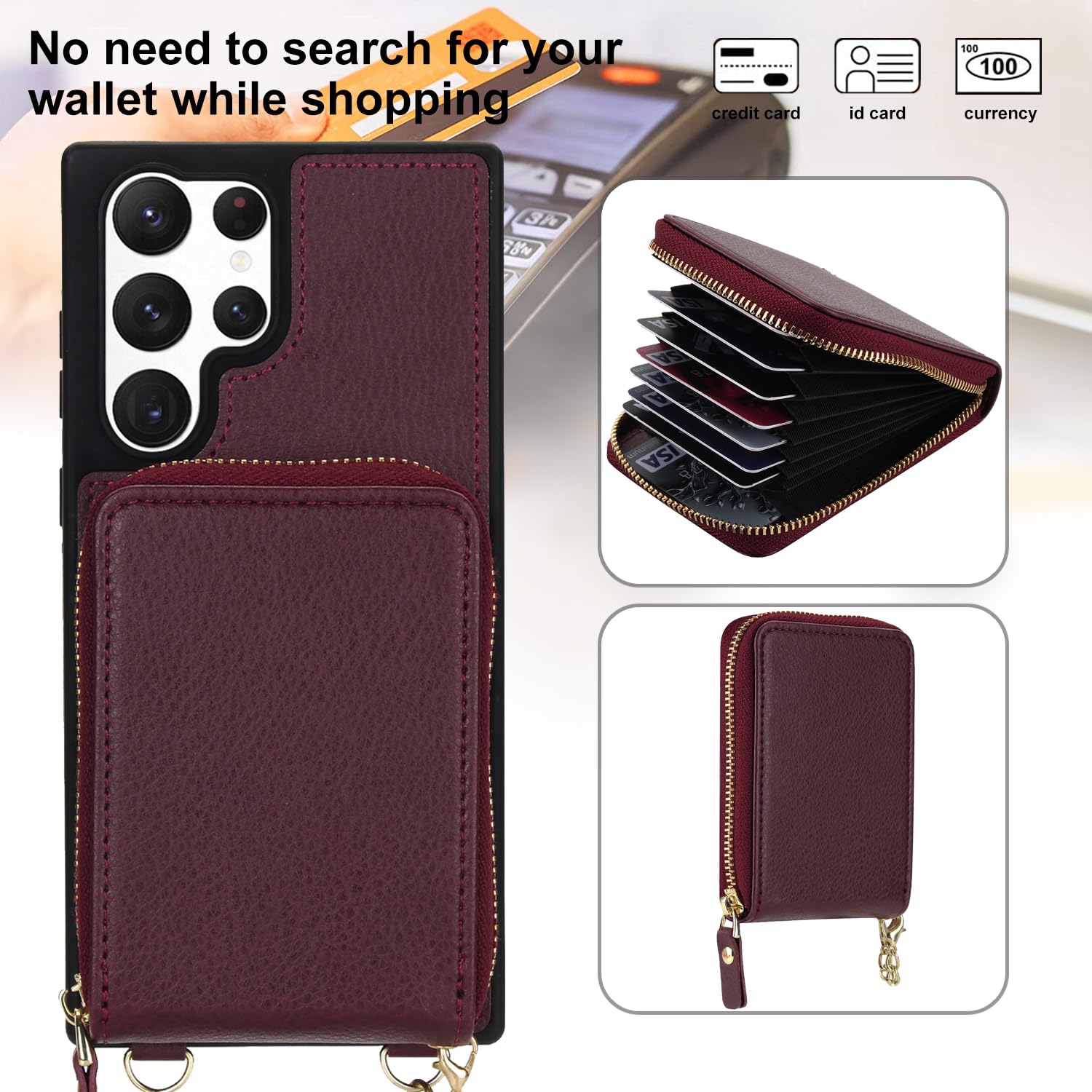 Funda para teléfono Samsung Galaxy S22 Ultra 5G 2 en 1 magnética con protector de pantalla y correa cruzada, bloqueo RFID, ranura para tarjetas de crédito, S22ultra 22S S 22 S22ultra5g 6.8 para mujer