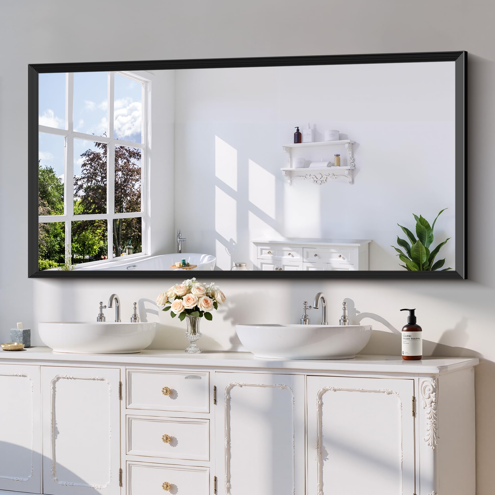 Black Bathroom Mirror 60 x 30 Inch Rectangle Wave Beveled Frame for Wall Bathroom Vanity Mirror for Over