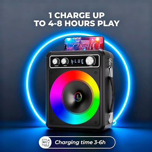 Miniatura 4 de Máquina de karaoke, altavoz portátil de karaoke Bluetooth con 2 micrófonos inalámbricos, sistema PA para adultos y niños con luces LED, compatible