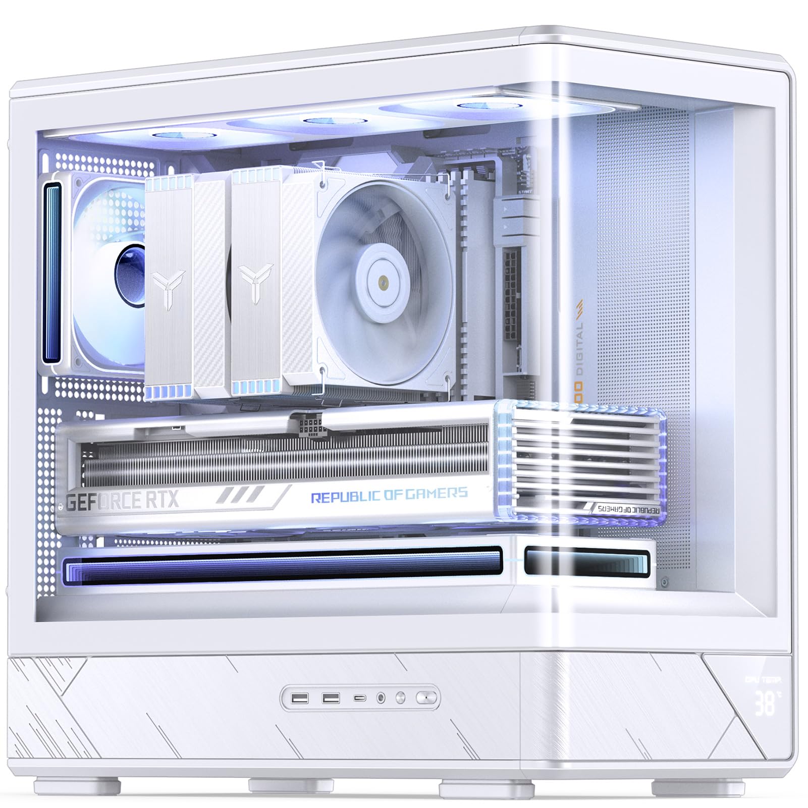 JONSBO D200 White Micto ATX PC Case,Digital Screen, One-Piece Curved Glass Desktop Design 270° Ultra-Wide View,ATX Power supply/Dual240 AIO,GPU<410mm,7 Fan Positions, White