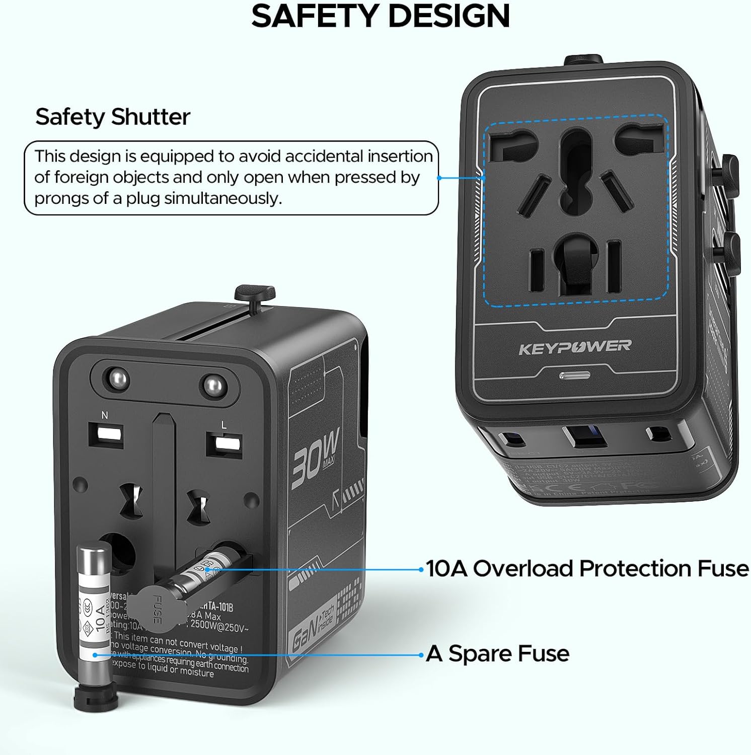Universal Travel Adapter 30W GaN, KEY POWER All-in-One International Power Adapter with 2 USB-C & 1 USB-A, Worldwide Plug Converter for EU/US/UK/AU in 200+ Countries