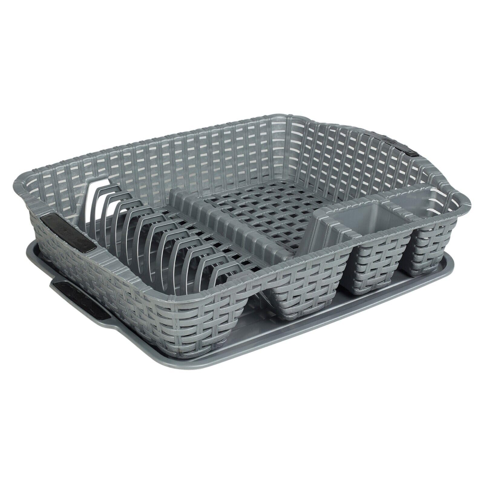 URBNLIVING Dish Drainer Drying Rack & Utensil Holder with Matching Drip Tray Rattan Style