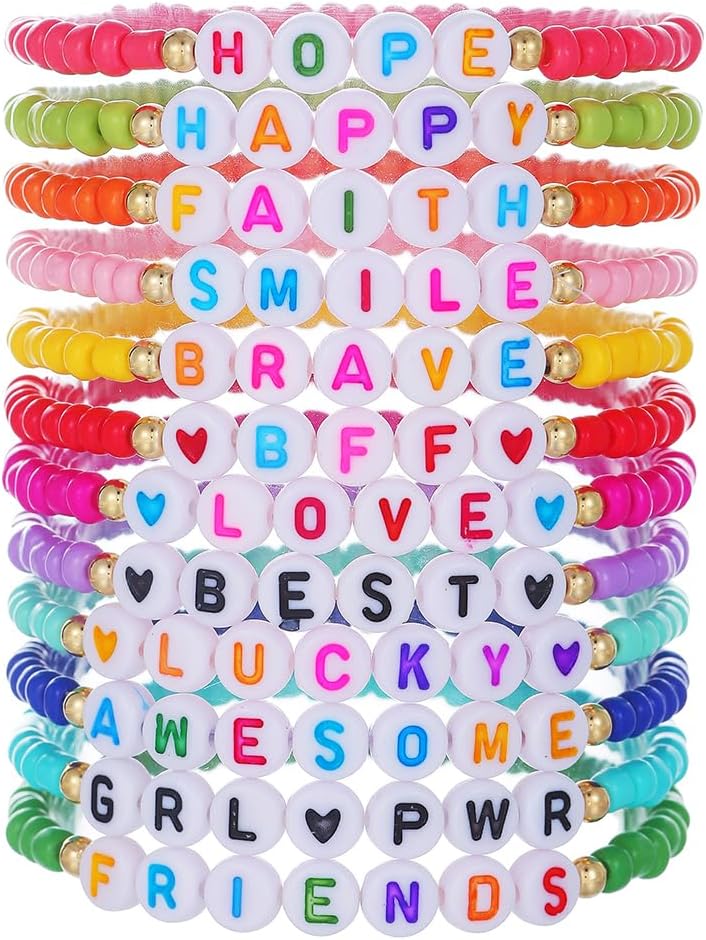 RINTOLER Heishi Surfer Clay Bead Bracelets Set for Women - Preppy Smile Evil Eye Beaded Stretch Bracelets Elastic Layering Friendship Bracelets- Stackable Boho Disc Summer Jewelry Set (BEAD 12PC - B)