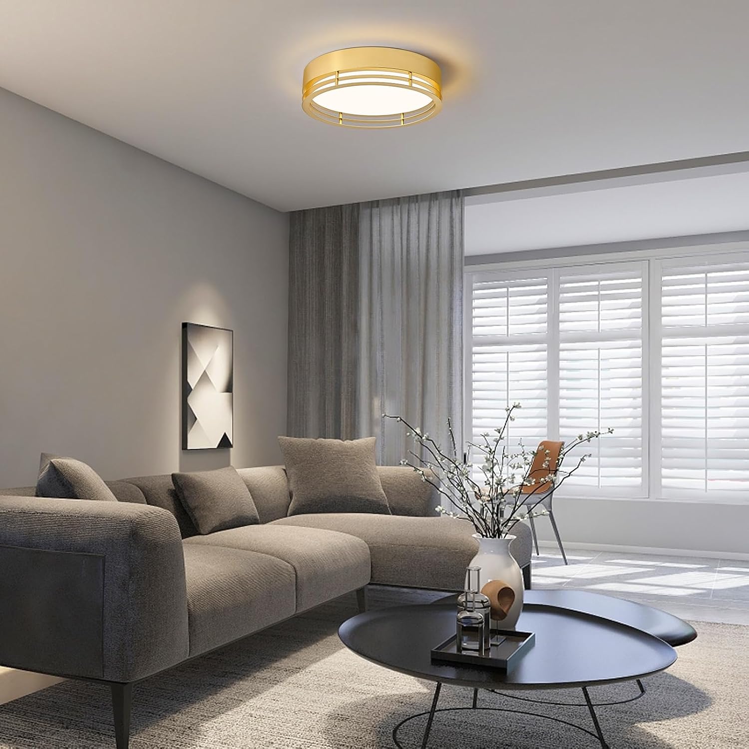 Dimmable Gold Flush Mount Ceiling Light, Modern Round LED Ceiling Lights Fixture, Kitchen Flushmount Light for Bedroom Hallway Kitchen 2700 K-6000 K 5CCT