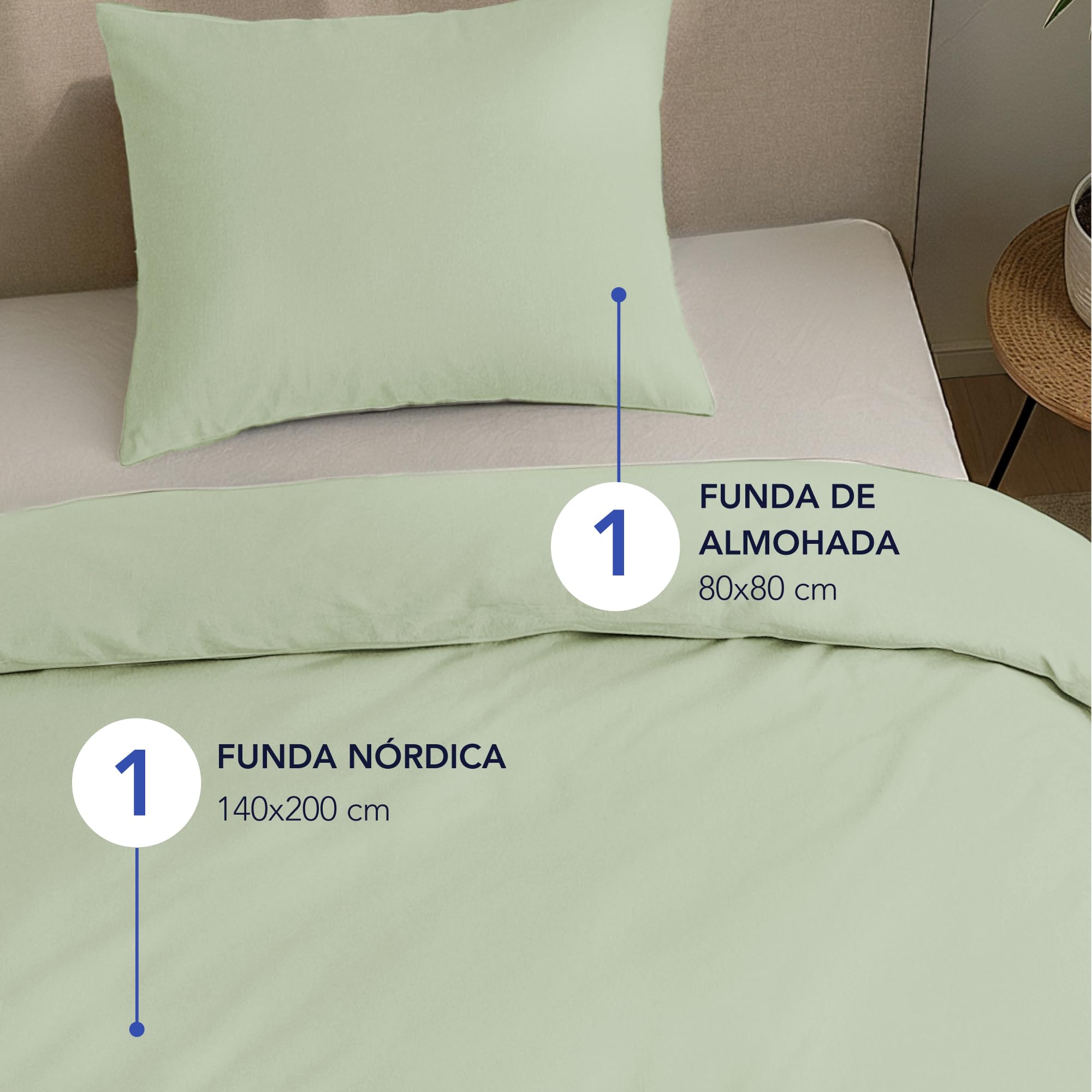 Dreamzie Funda Nordica Algodon Satinado 140x200 cm - Verde - Ropa de Cama, Funda Edredon 140x200 cm y 1 Funda Almohada 80x80 cm - Algodón Satinado - 2 Piezas