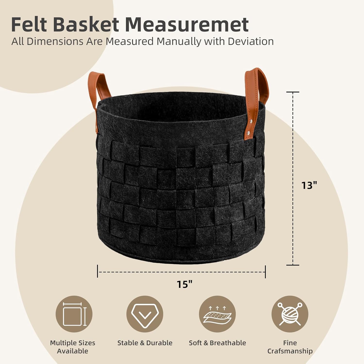 BOLDMONKEY Laundry Basket 15" x15 " x13 " 2 Pack, Round Blanket Basket with Leather Handle, Felt Storage Basket for Living Room, Nursery, Dog Toys-Dark Gray