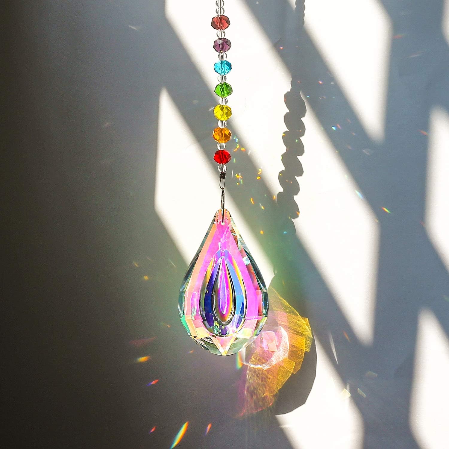 Nice Dream Crystal Suncatcher for Windows, Light Hanging Prism Crystal Ball Decoration, Sun Catcher with Rainbow Chakra Bead 76mm