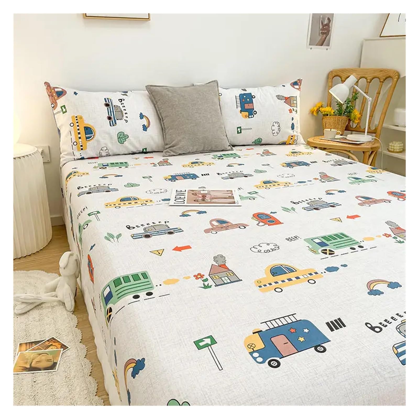 Printed Bed Sheets 1 Stück Spannbettlaken aus Reiner Baumwolle mit elastischem Cartoon-Autodruck-Abdeckungs-Unterlaken (ohne Kissenbezug)(Color 10,120x200x25cm)