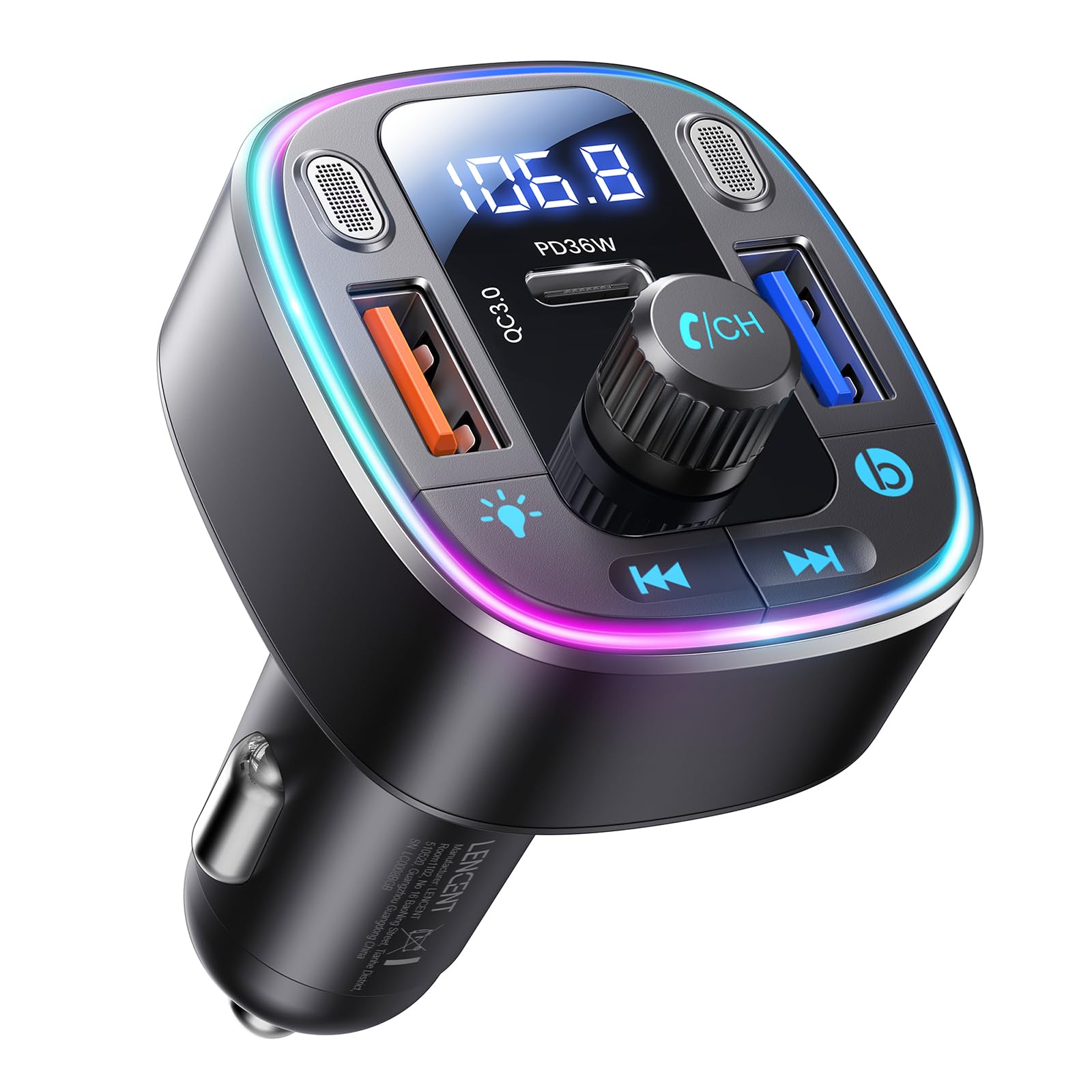 LENCENT Trasmettitore FM Bluetooth 5.4, Accendisigari Auto Radio, 54W USB Ricarica Rapida (PD 36W & QC3.0), Bluetooth FM Musica, Chiamate Vivavoce, Doppio Microfono e Chiavetta USB