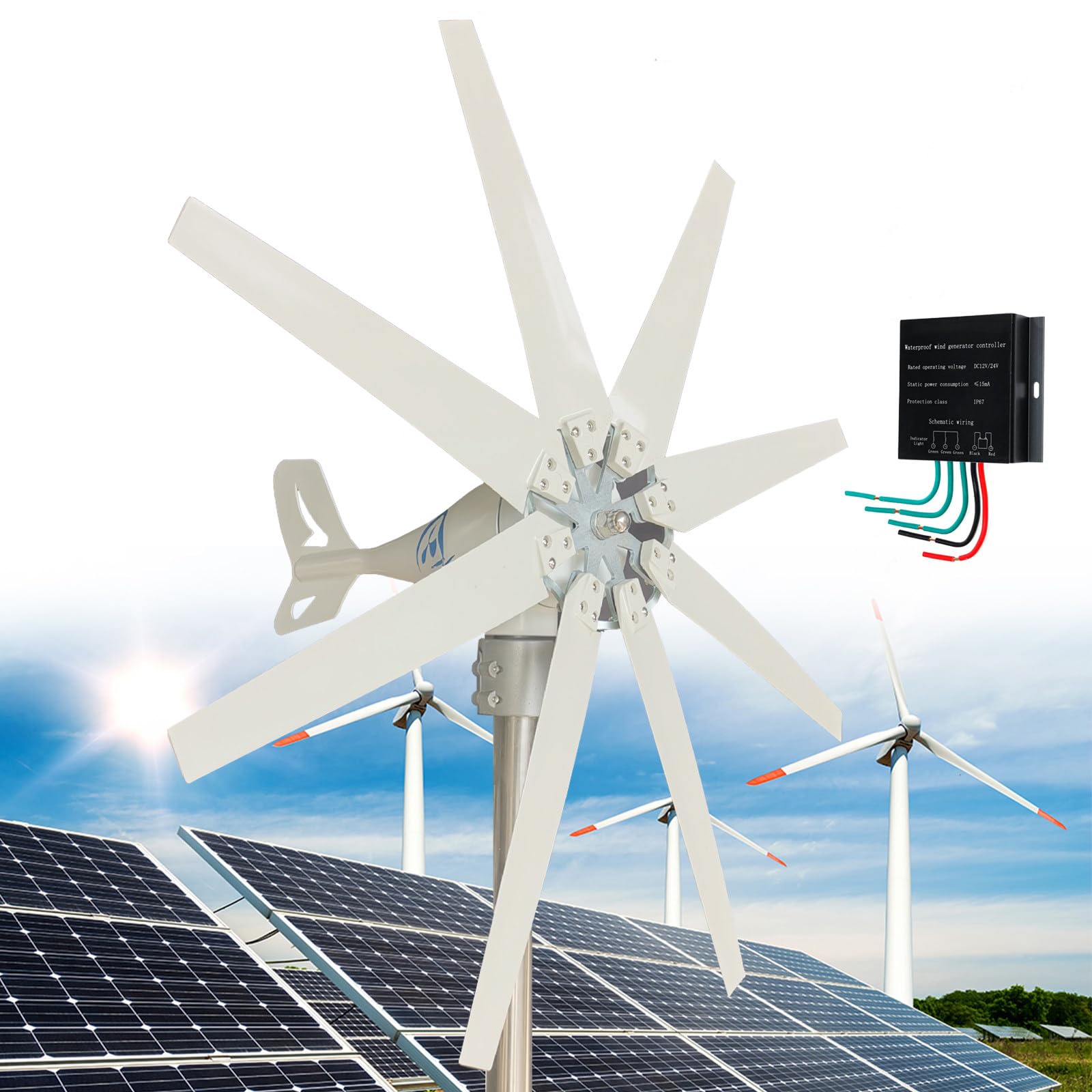 Zestaw turbiny wiatrowej, 14000 W, 12/24/48 V/110 V/220 V, z 8 ostrzami, z kontrolerem, odpowiedni do hybrydowych instalacji solarnych, do łodzi kempingowej, domu, 12 V