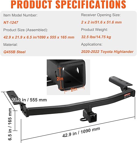 Miniatura 7 de VEVOR Enganche de remolque clase 3, receptor de 2 pulgadas, marco de tubo de acero Q455B, compatible con Toyota Highlander 2020-2023, enganche
