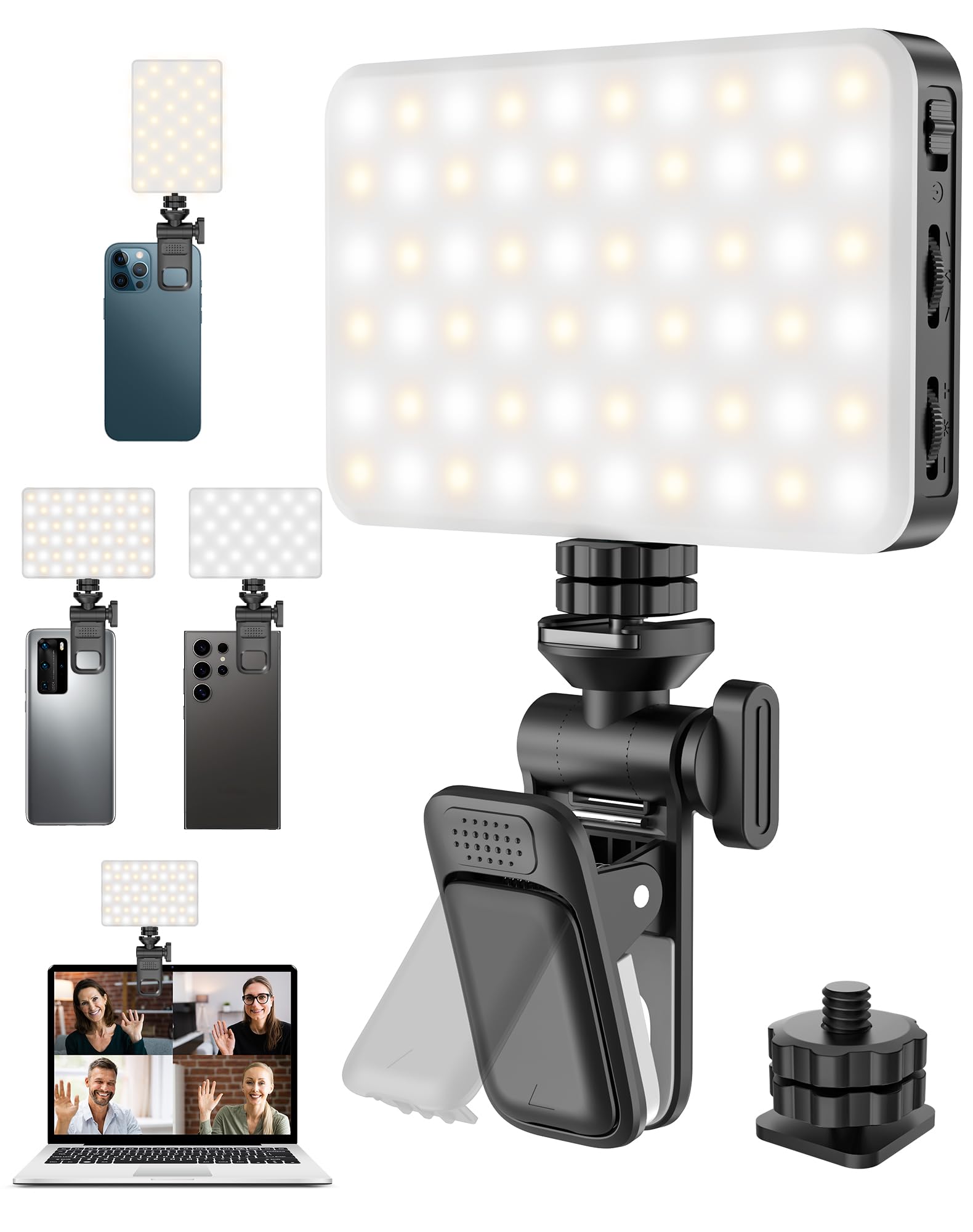 POVODO 120LED Portable Selfie Light:Phone Light with Clip & Camera Tripod Adapter Rechargeable 3000mAh CRI 95+, 3 Light Modes, for Video Conference