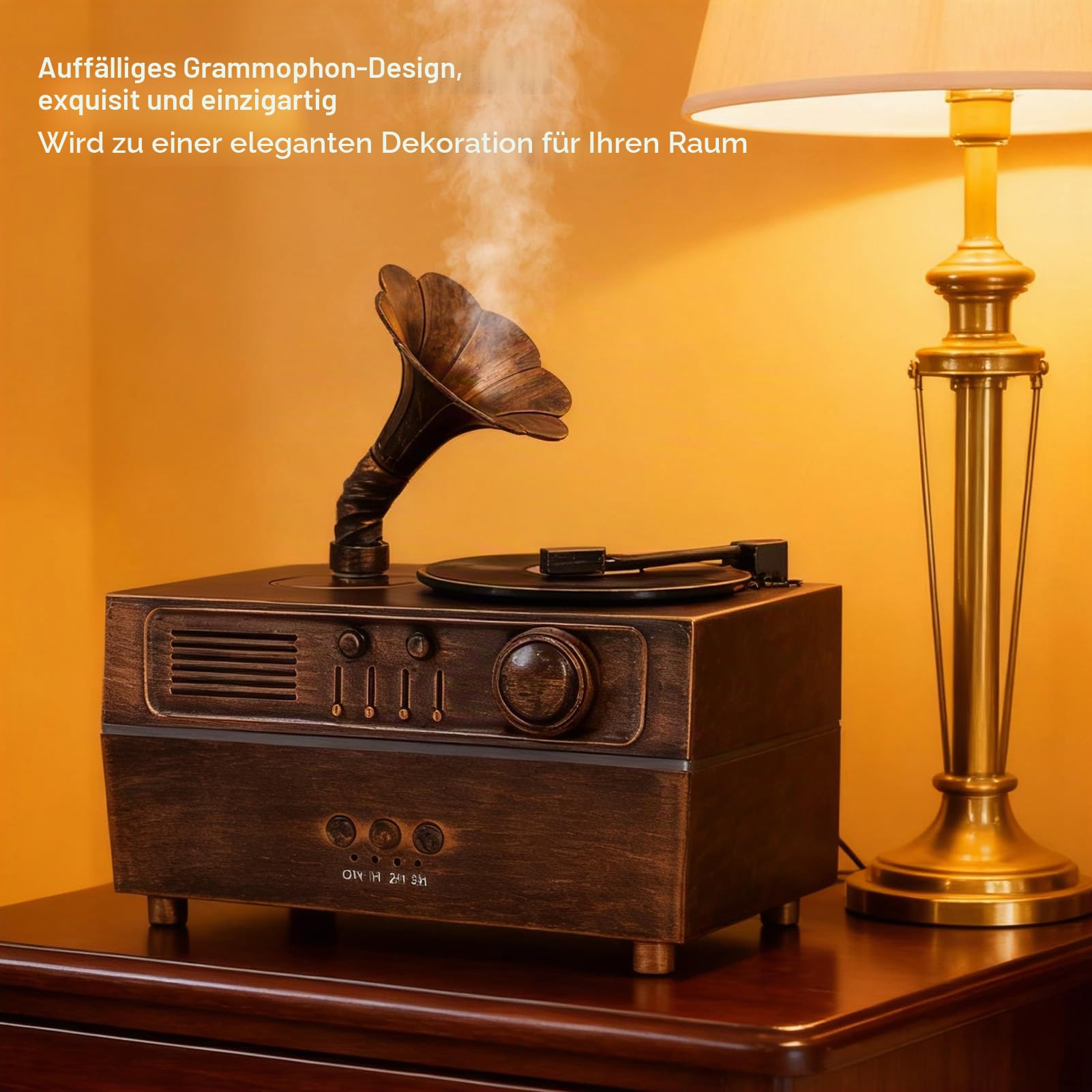 Asixxsix Retro-Aromatherapie-Luftbefeuchter, Vintage-Gramophon-Stil Ultraschall-Kühlnebeldiffusor mit Fernbedienung und Lautsprecher für Heimbüro-Schlafzimmerdekoration, Spa-Entspannung