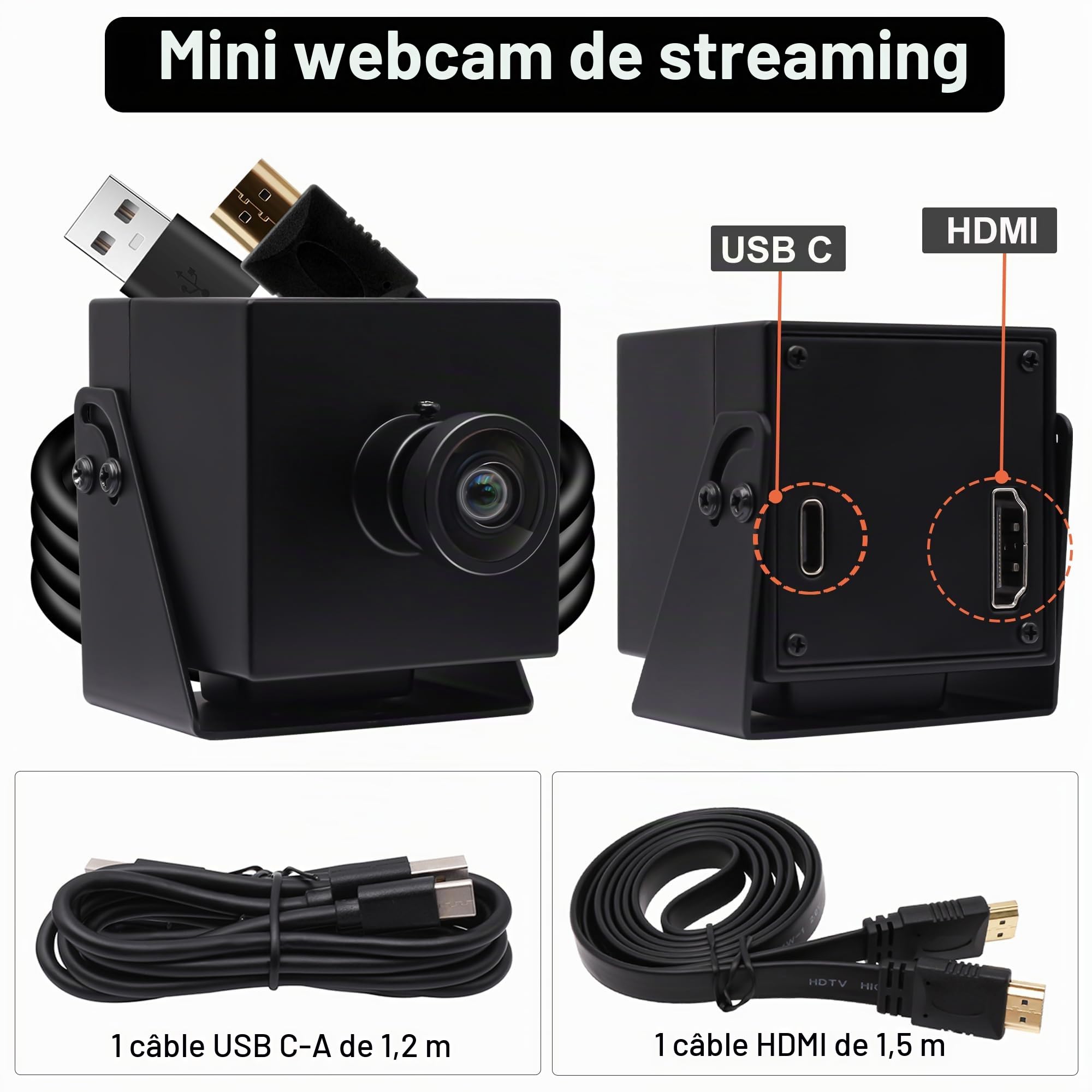 SVPRO Webcam 4K - USB HDMI double sortie pour ordinateur/moniteur/projecteur/TV, grand angle sans distorsion, webcam de sécurité H.264