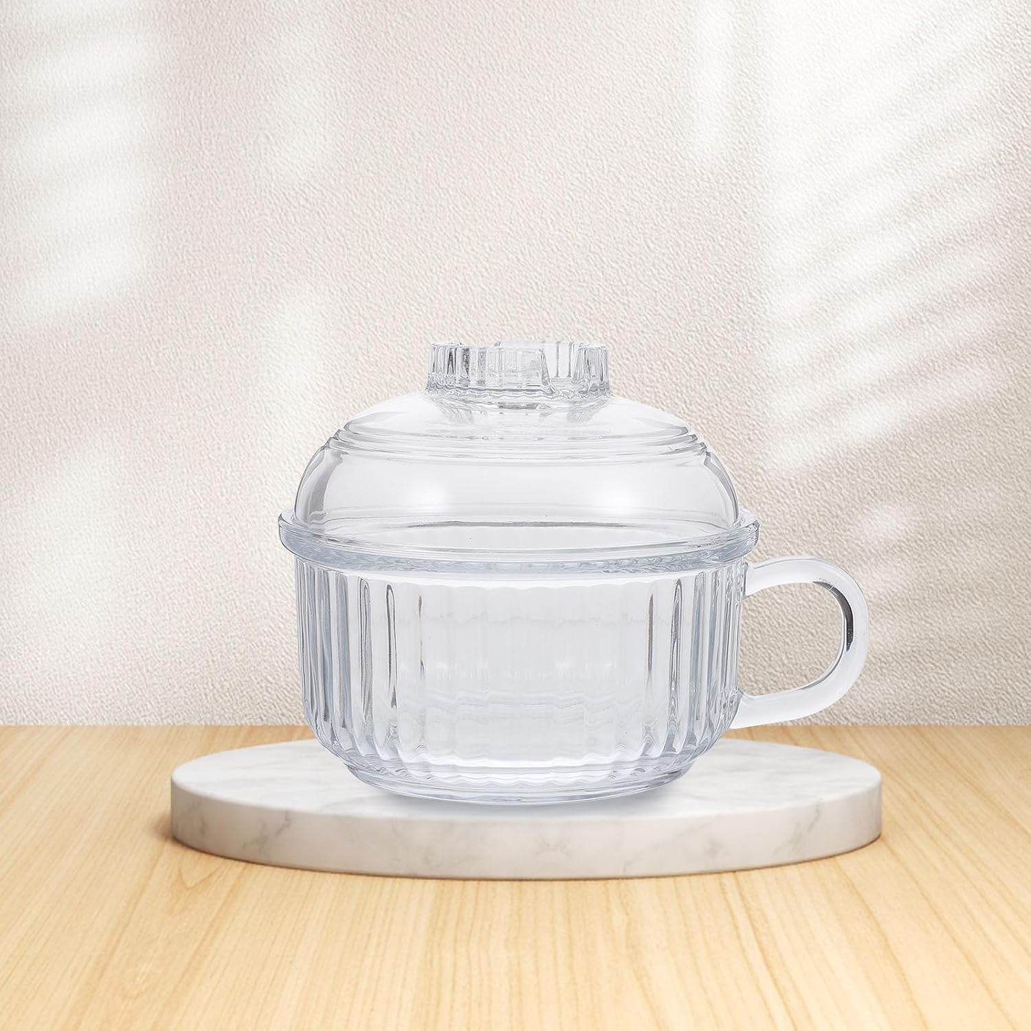 Garneck Heat Resistant Glass Soup Bowl Wear Resistant One-piece Molding Noodle Bowl with Handle and Lid for Household Rice, Kitchen Supply for Soup and Salad