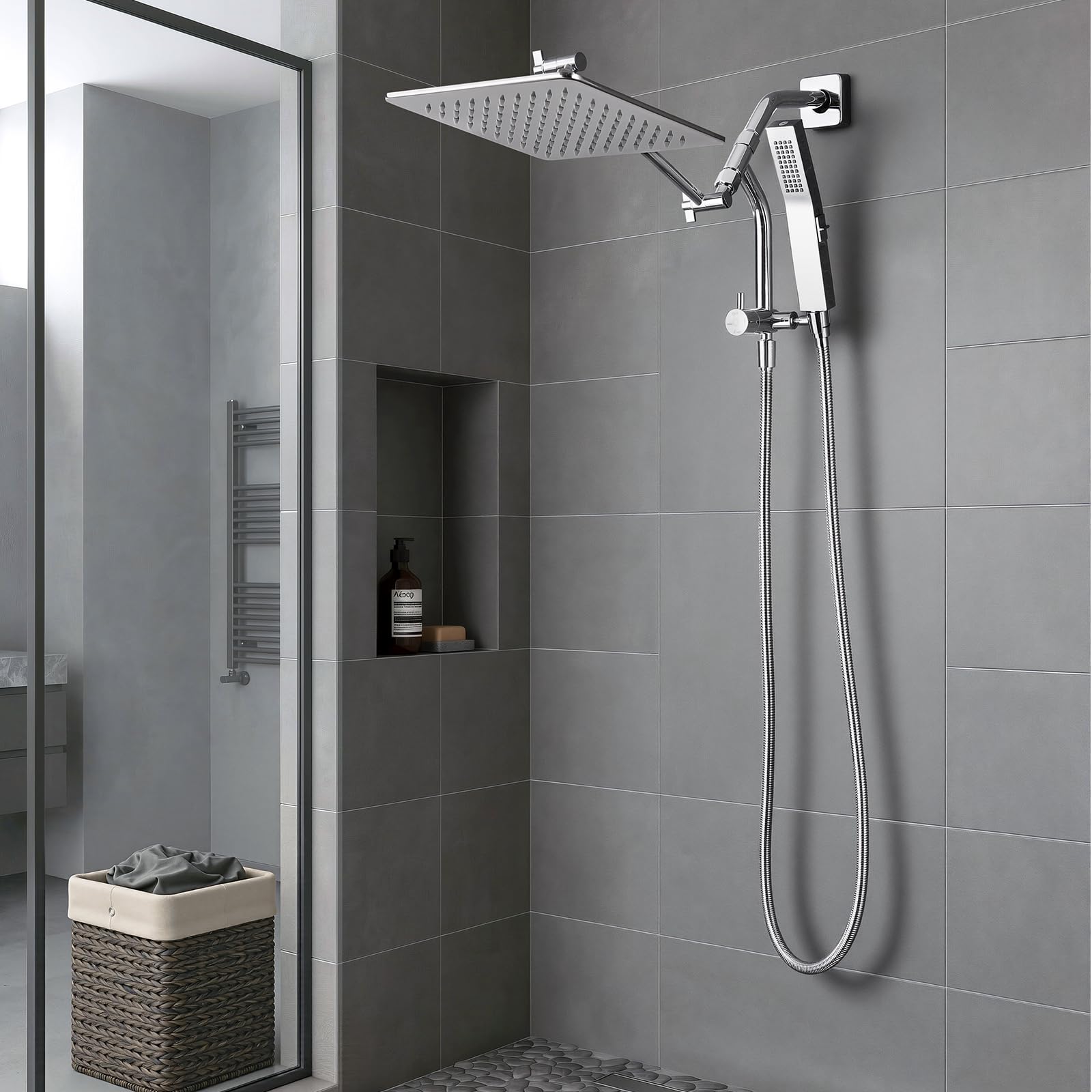 G-Promise Desviador de ducha de metal con soporte de mano bajo, válvula desviadora de 3 vías con modo de pausa para cabezal de ducha de mano y fijo, pieza de repuesto universal de 4 ajustes (cromado)