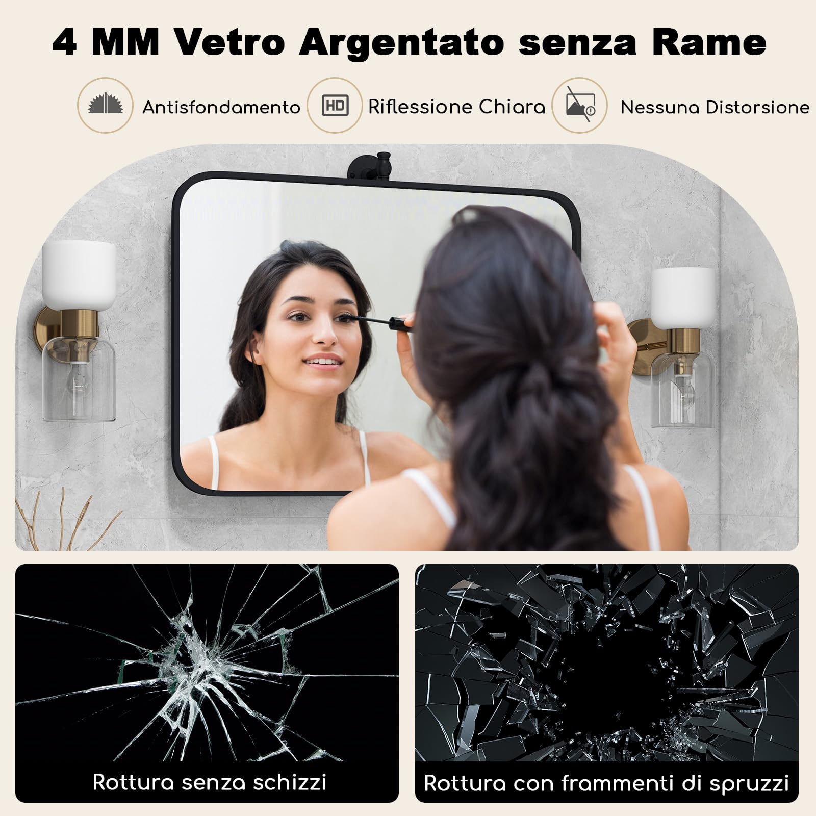 GYMAX Specchio da Bagno con Cornice in Metallo Nero, Specchio Rettangolare da Parete con Angoli Arrotondati e Staffe per Inclinazione, Specchio Decorativo Moderno, Verticale/Orizzontale