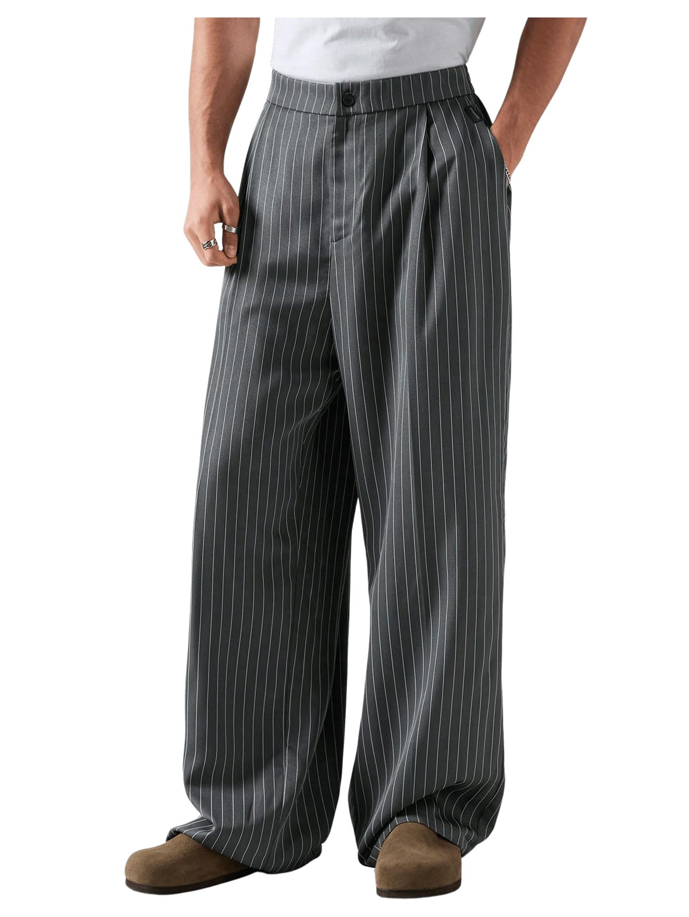 GORGLITTER Mens Baggy Casual Pleated Striped Dress Pants 2025 Wide Leg Trousers with Pockets