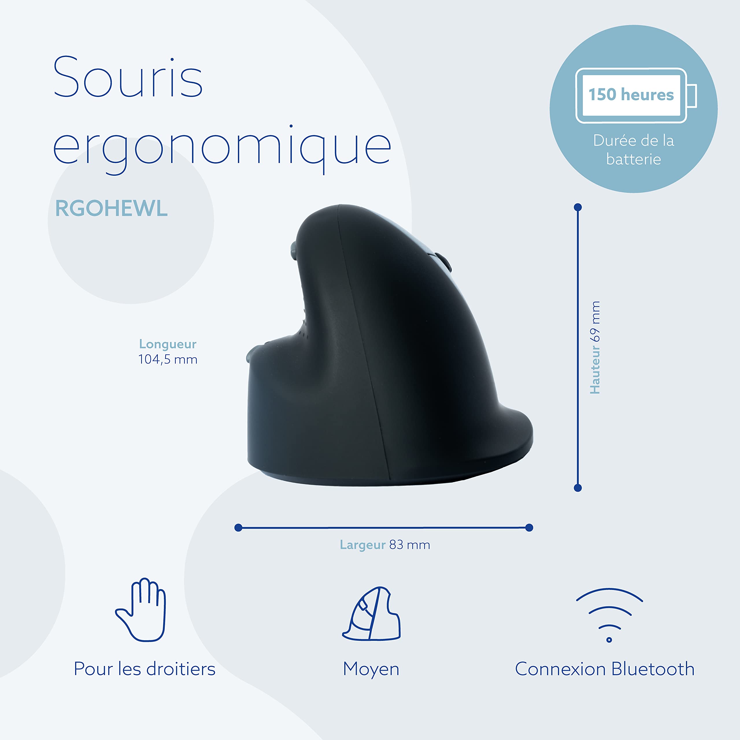 R-Go HE Souris Ergonomique sans Fil, Bluetooth 5.0, Clic Silencieuse, avec indicateur de Pause, Anti-Tendinite, Souris Verticale Rechargeable, 2400 DPI réglable et 5 Boutons, Noir