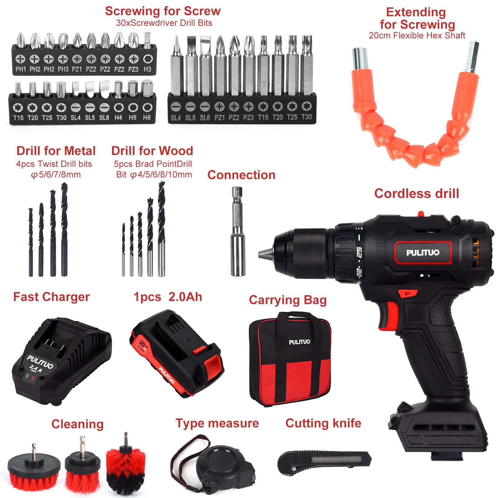 Conducteur de perceuse sans fil PULITUO avec batterie, perceuse électrique sans balais de 20V, perceuse électrique (60N·m, 25+1 couple réglage /2000mAh/2 vitesse Variable）