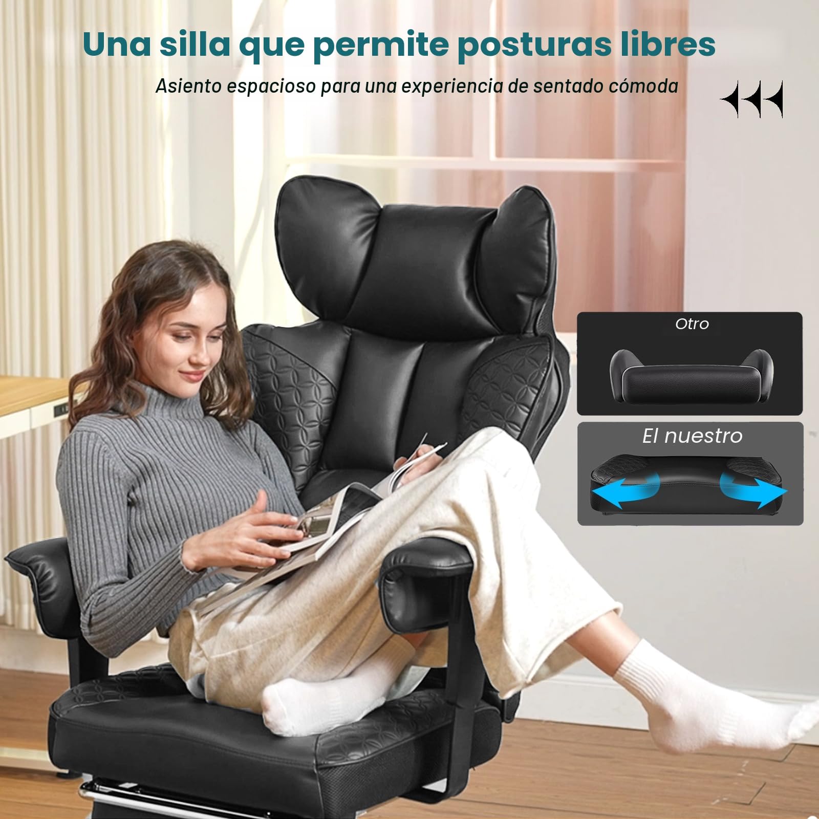 COMHOMA - Silla de oficina de 150 kg, silla de juego, sillas de juego ergonómicas con asiento ancho, silla de respaldo alto de piel, apoyabrazos ajustables, soporte lumbar con muelles ensacados