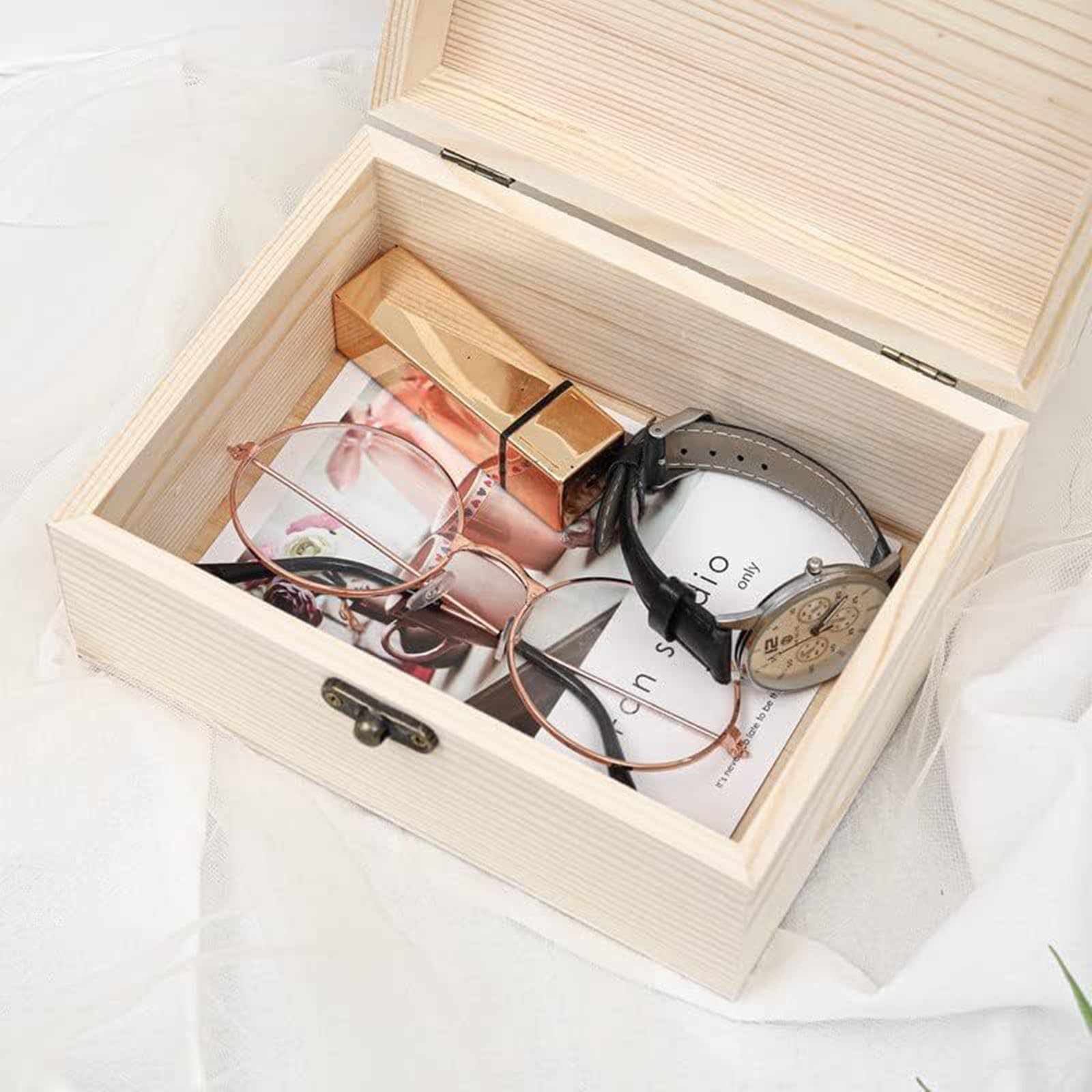 Anktily Confezione da 4 scatole in legno grezzo, rustiche, piccole scatole in legno con chiusura di bloccaggio, organizer per fai da te, decorazione per la casa, 15 x 10 x 5 cm