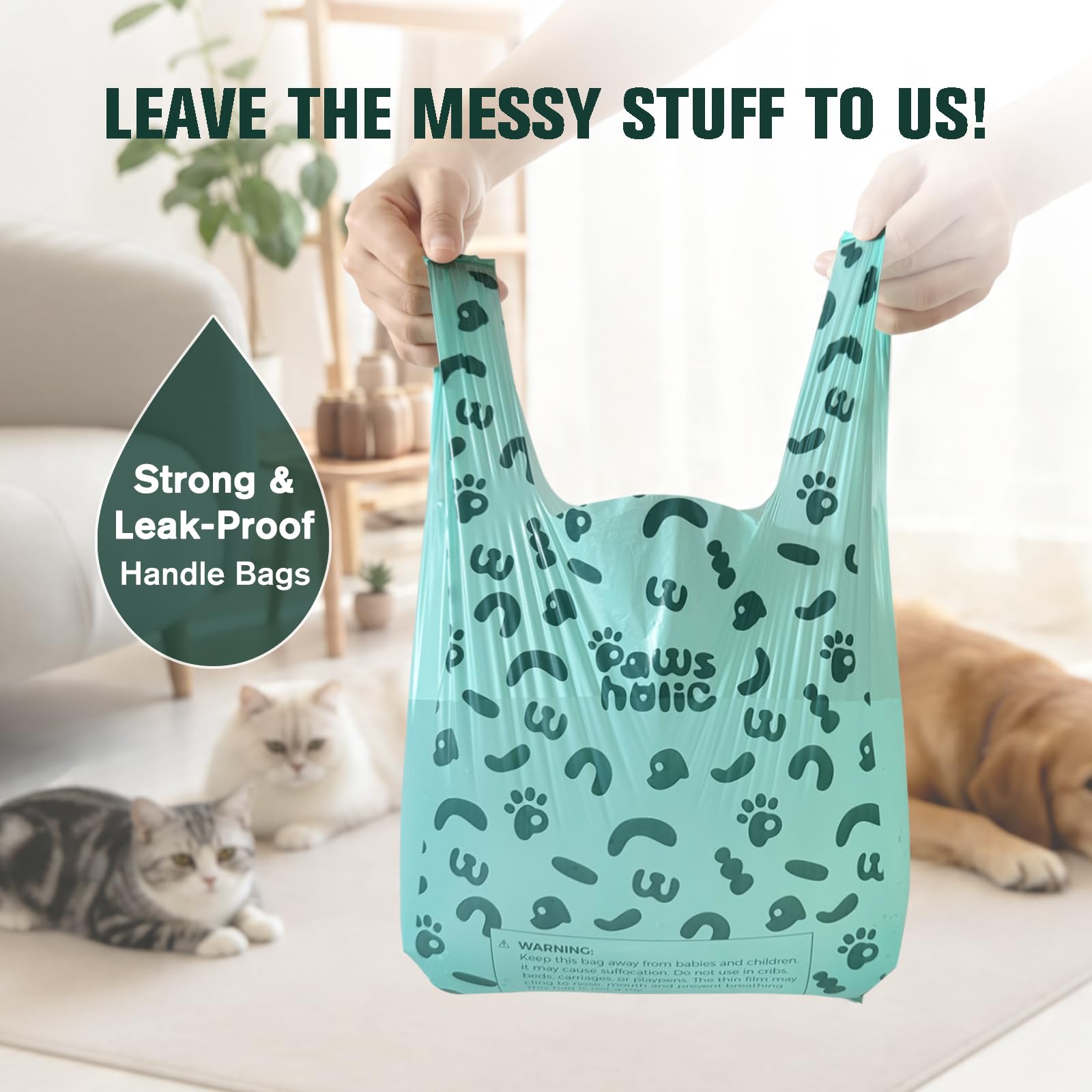 Bolsas para excrementos de gato, bolsas de arena para gatos con asa, almidón de maíz azul a prueba de fugas, ecológicas, bolsa de recogida de excrementos (180 unidades/caja, sin perfume)