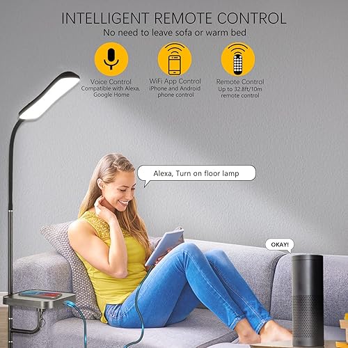 Miniatura 3 de GMK Lámpara de pie LED con cargador inalámbrico, lámparas de pie brillantes de 12 W para sala de estar, ajustable de 3000 K-6500 K colores y brillo,