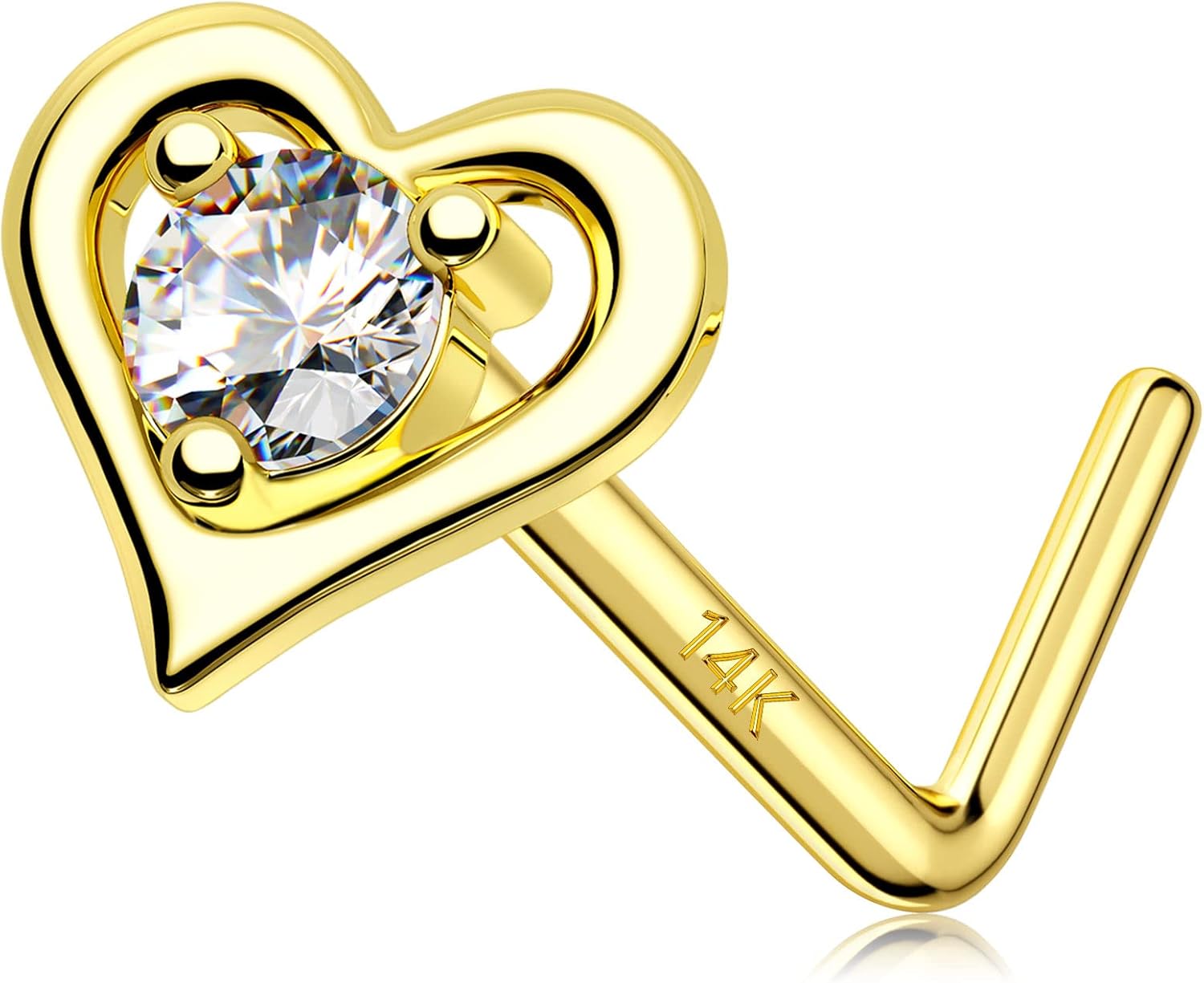 MeIighting Gold Nose Stud L Shaped, 20G Nose Rings, 14K Solid Gold Nose Piercing Jewelry for Women Clear CZ, Real Gold Heart Nose Screw, Star Nostril Piercing for Women