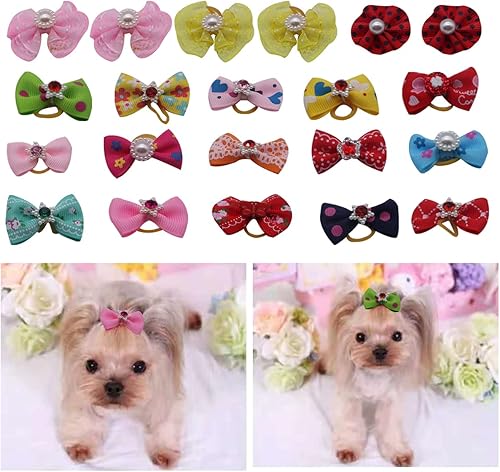 Miniatura 6 de Ewanda store 20 lazos para el pelo de perro, pares de perlas de diamantes de imitación, flores, topknot, lazos para perros, lazos para el pelo para