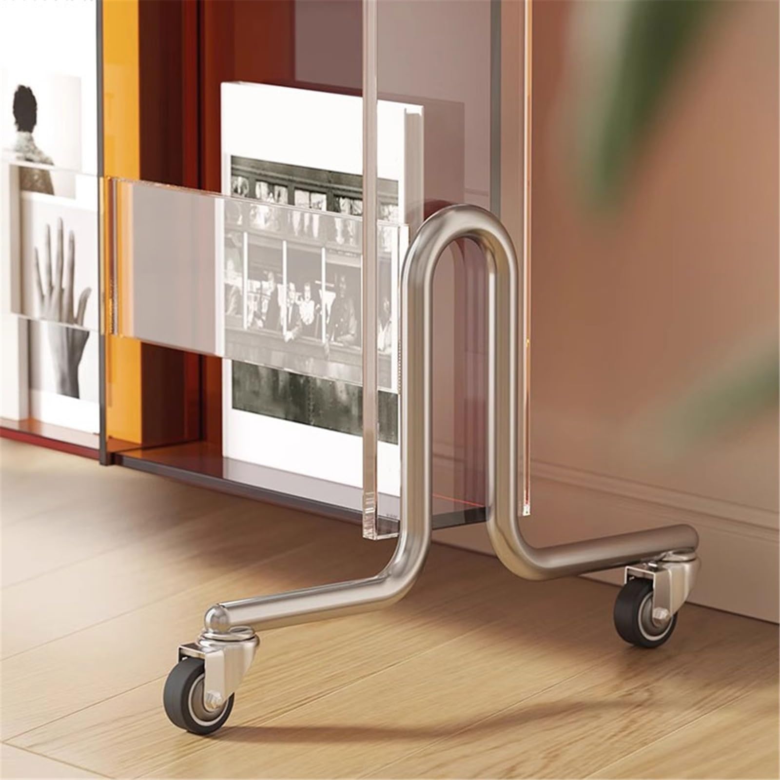 Rack per dischi Scaffale portaoggetti for dischi in vinile, mobile multifunzionale con ruote girevoli, espositore for giornali e libri