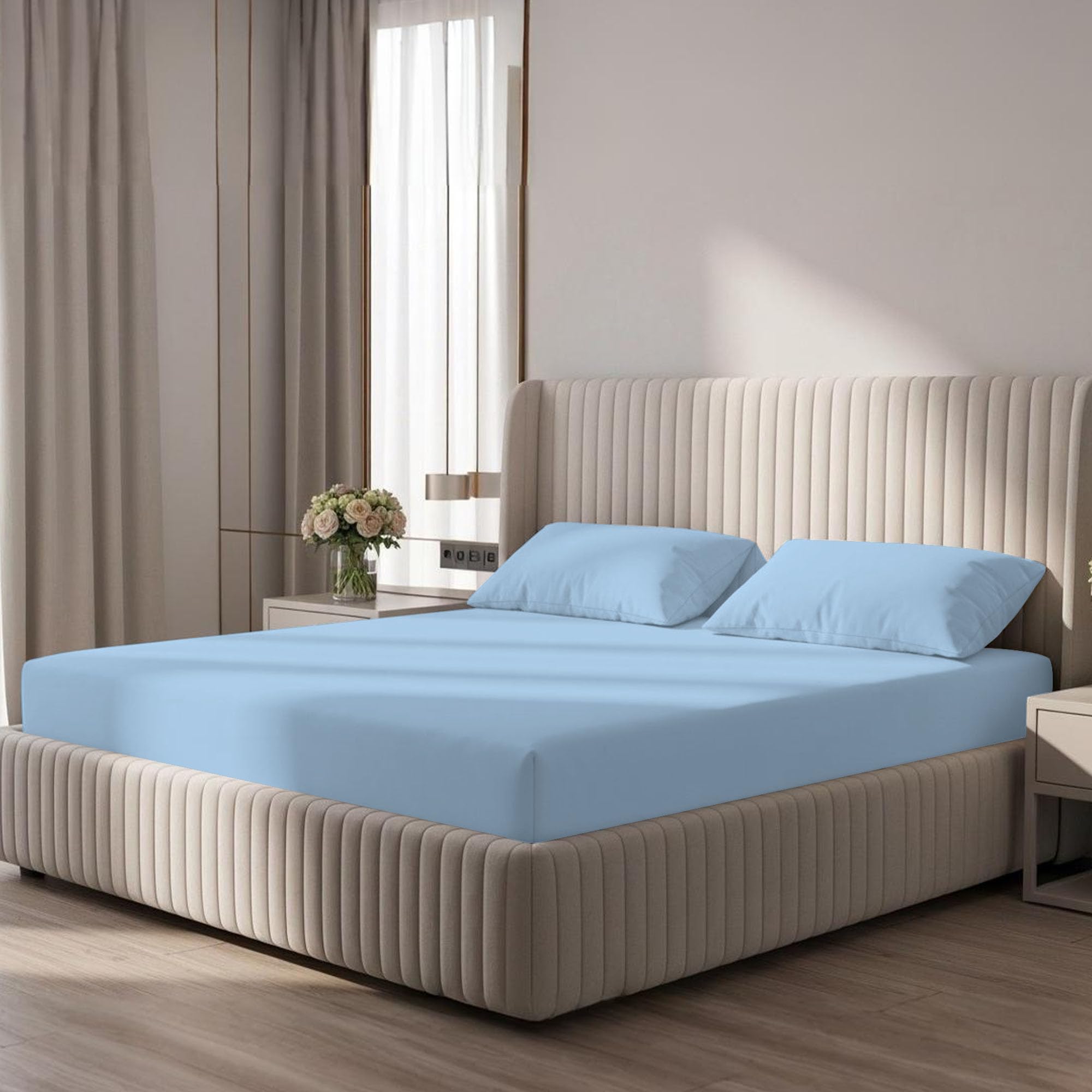 Bloombedding Sky-Blue 100% Egyptian Cotton 400Tc 3Pc Double Fitted Sheet Set, 25Cm Deep Pocket