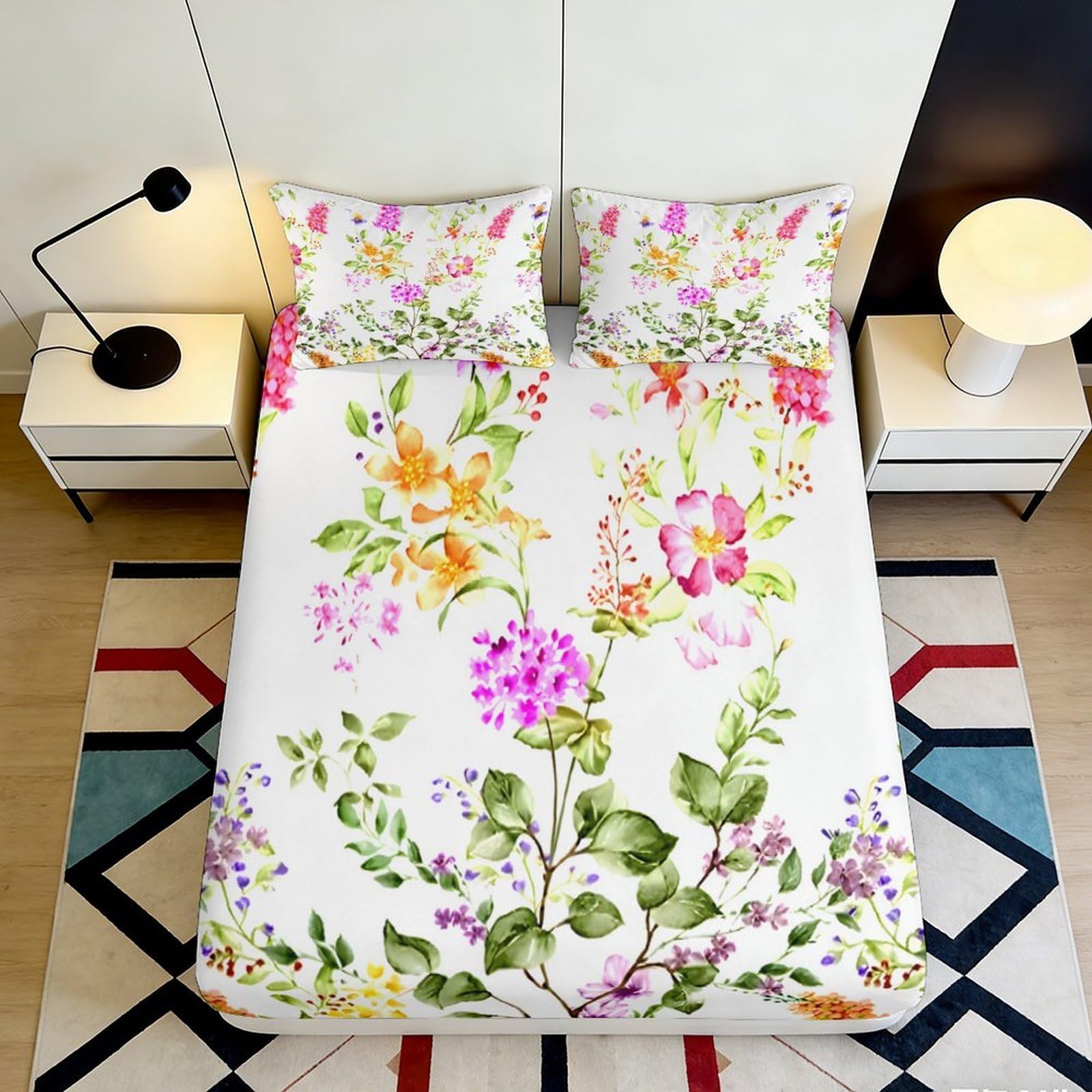 3D Printed Floral Garden Fitted Sheet Microfiber Soft Decorative Blossom Meadow Mattress Cover for Bedroom Dorm Decoration 90x200x25cm