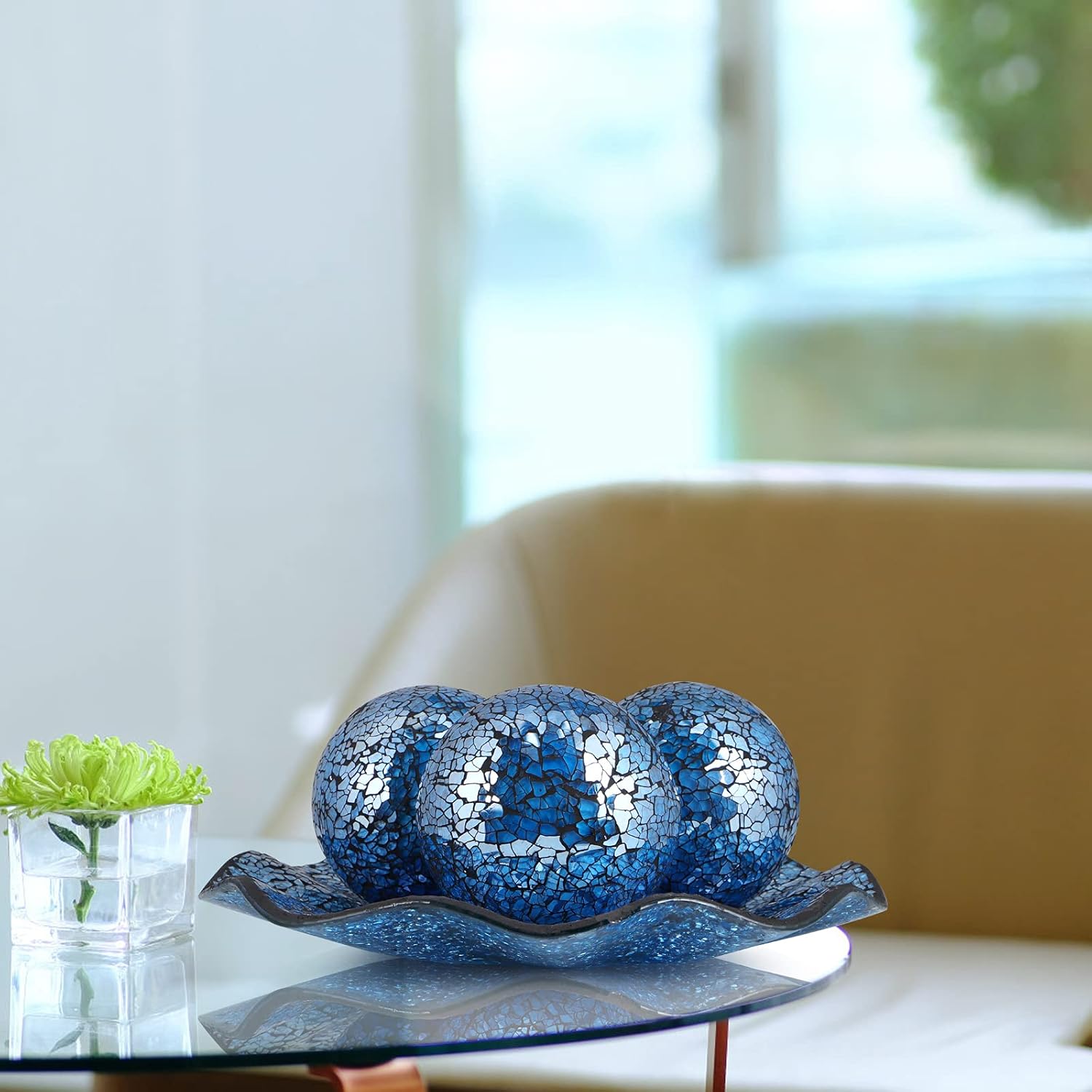 MDLUU Centerpiece Bowl and Balls Set, Mosaic Tray with 3 Pieces Spheres, 12" Decorative Plate with 4" Mosaic Orbs for Home Decor, Gift (Turquoise)