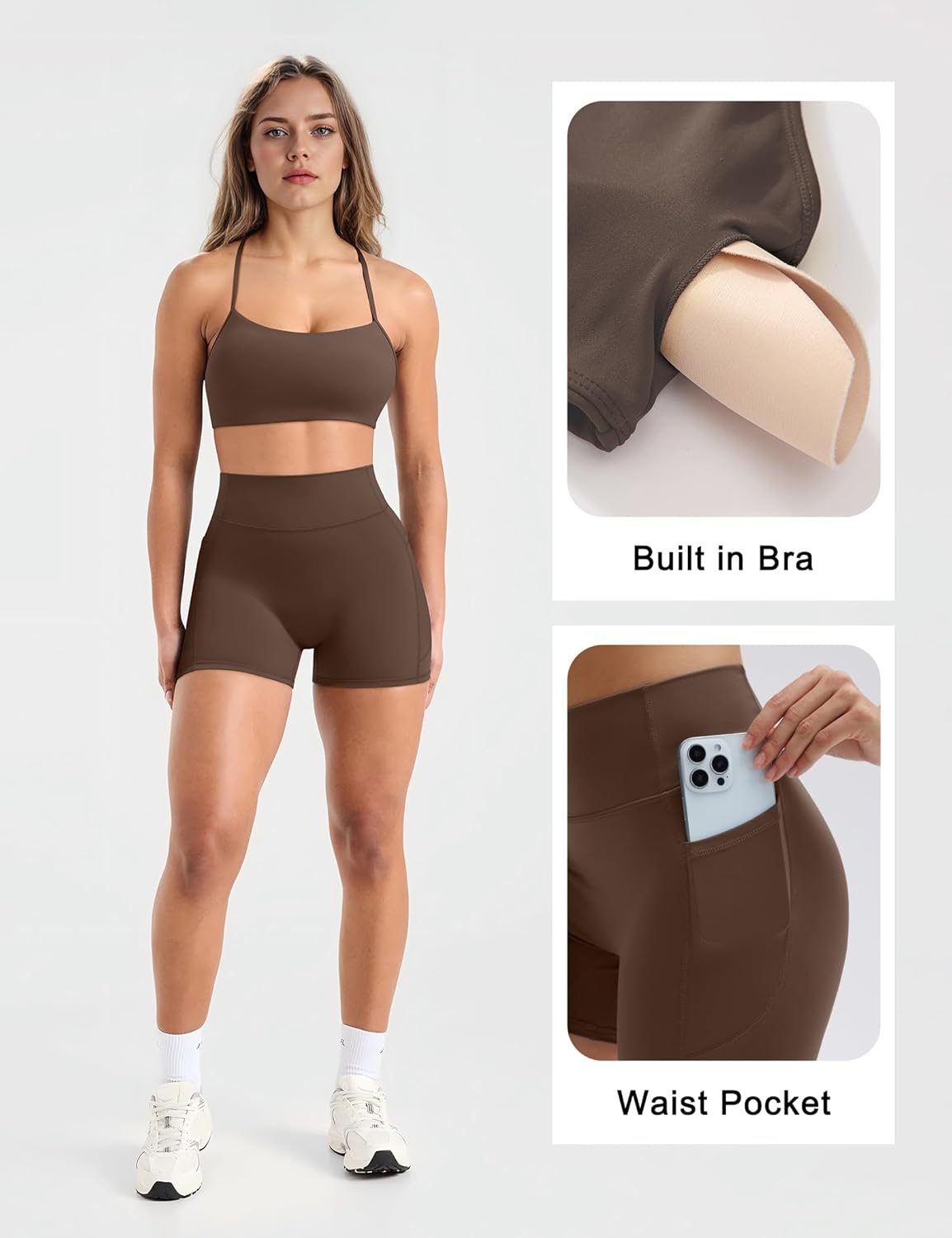 SUUKSESS Women 2 Piece Workout Sets Padded Halter Sports Bras High Waisted Biker Shorts with Pockets