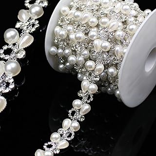 1 Yard Pearl Chain Silver Rhinestone Trim String Crystal Applique Fringe Ribbon Strips Beads Sewing Dress DIY Party Wedding Bouquet for Decoration Bridal Costume Embellishment