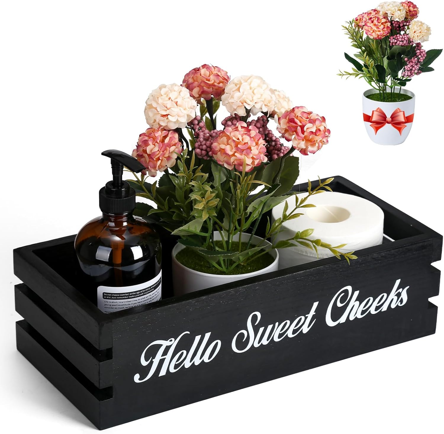 VOOWO Hello Sweet Cheeks Bathroom Decor Box, Nice Butt Bathroom Decor Box, Funny Toilet Paper Holder Wooden Toilet Paper Box for Rustic Farmhouse Bathroom Decor, Storage Baskets for Bathroom (Black)