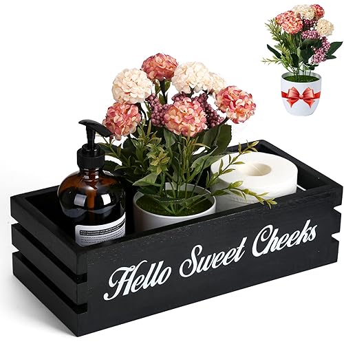 VOOWO Hello Sweet Cheeks Bathroom Decor Box, Nice Butt Bathroom Decor Box, Funny Toilet Paper Holder Wooden Toilet Paper Box for Rustic Farmhouse Bathroom Decor, Storage Baskets for Bathroom (Black)