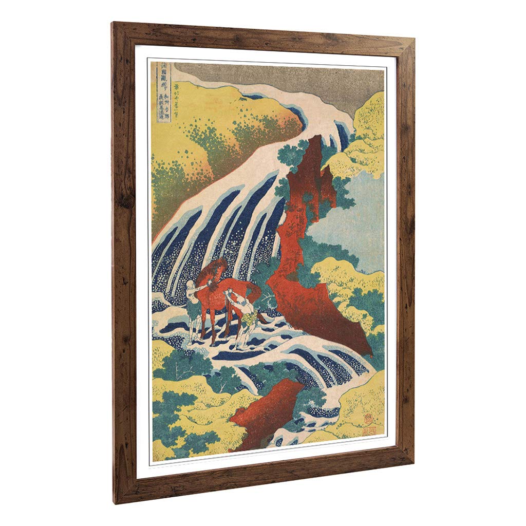 Big Box Art Framed Print Yoshitsune Falls Hokusai Japanese Oriental Design | Wall Art Picture| Home Decor for Living Room, Bedroom, Office, Walnut, A2 / 24.5x18 Inch / 62x45cm
